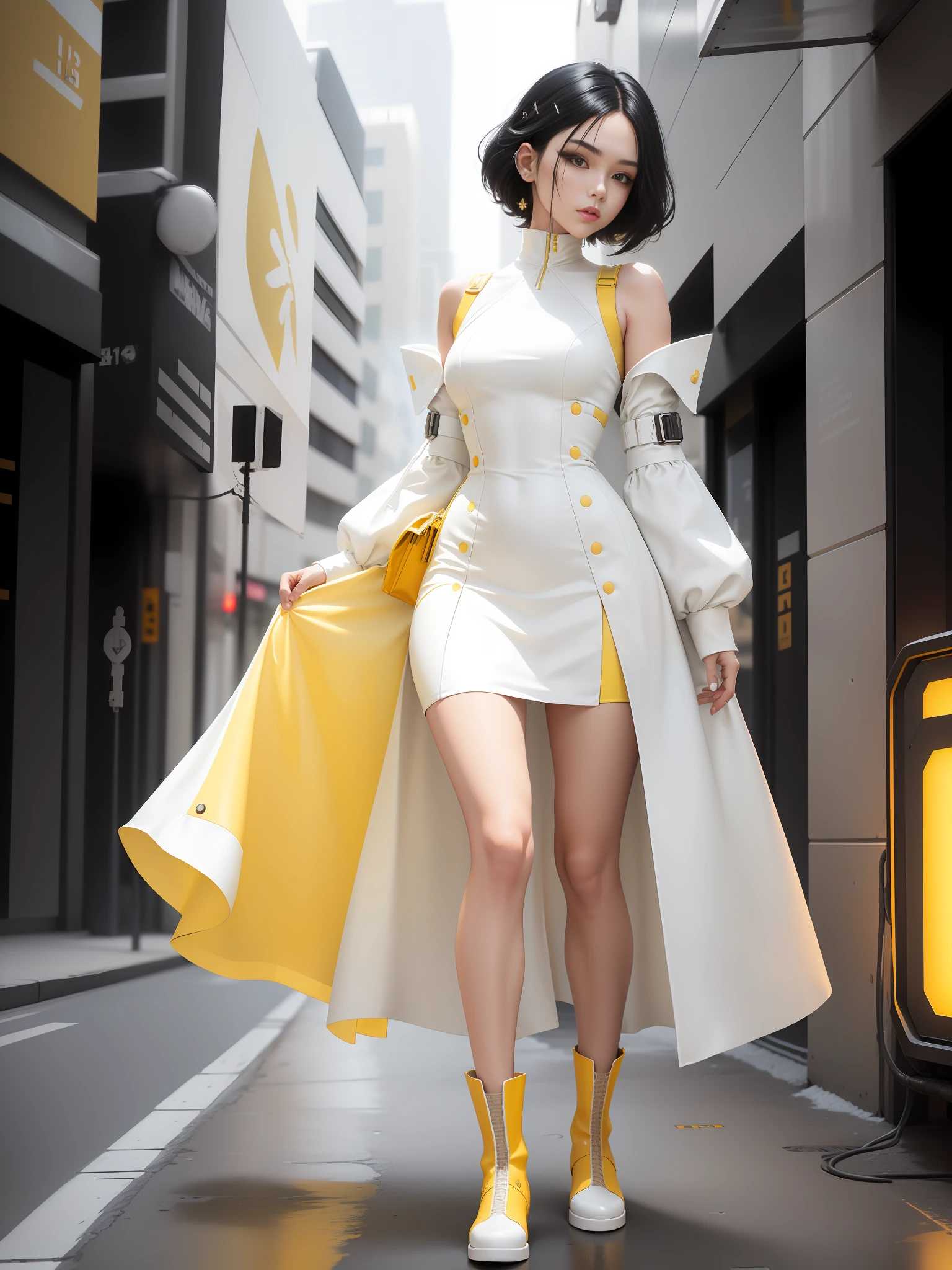 A stylish one-man summer light yellow dress Martin boots cyberpunk ((white solid color: 1.3) + (fashion: 1.1) + (trendy: 1.2)), (lv logo), (corona rendering), (light yellow dress + concept art design): 1.3), (8K: 1.3), (2:3 aspect ratio + warm color Q2), (750 pixels), ((fashion element) :(1.1+ fashion element)), (dynamic: 5) character black hair all over