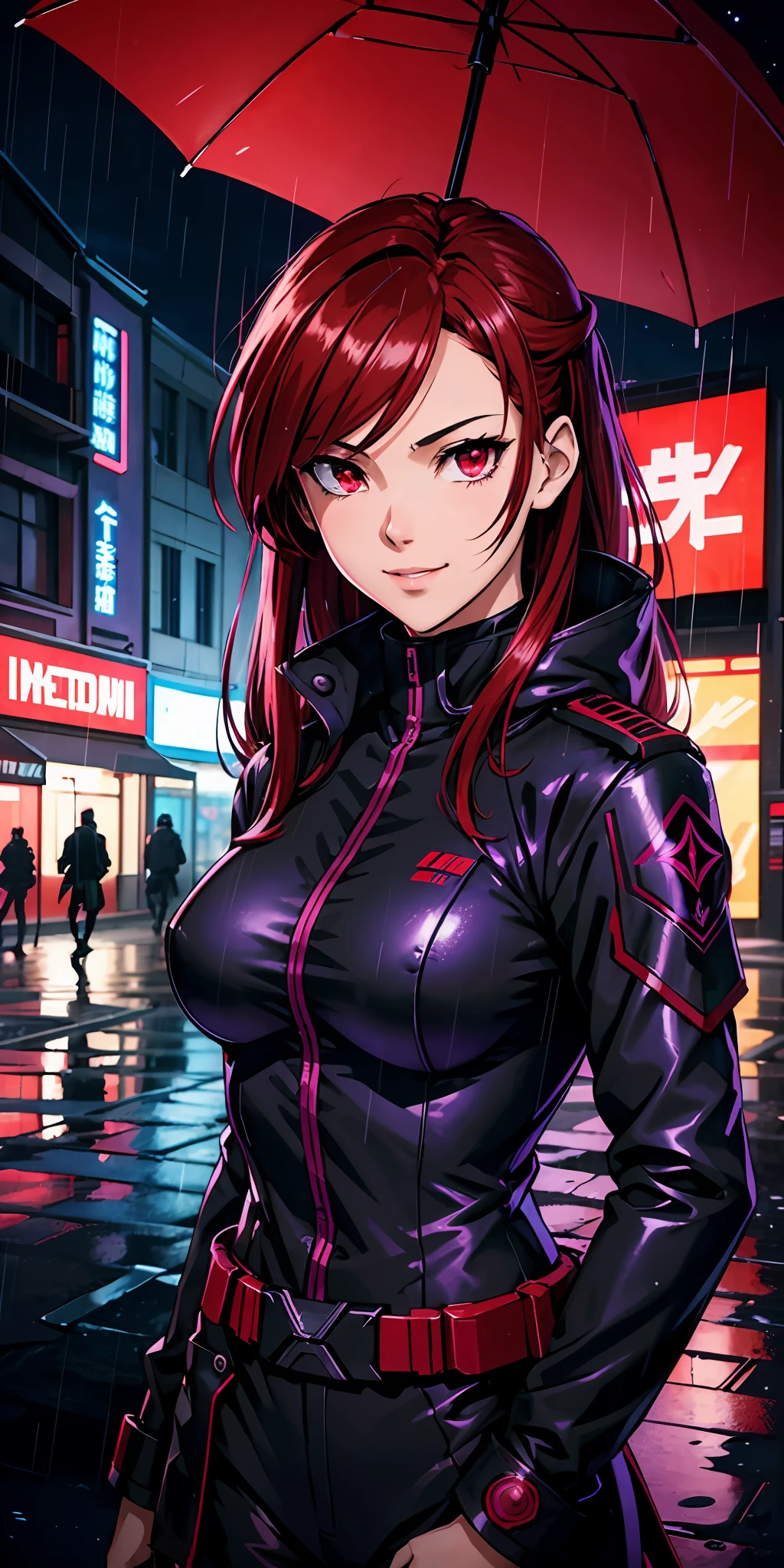 Coldest synthwave anime girl , Red hair , red eyes, war background , detail background, rain , rain detail , light , dark , character detail , assassin girl , military uniform, in the city , hand in double blade , girl in dark military uniform and purple neon light , his smile