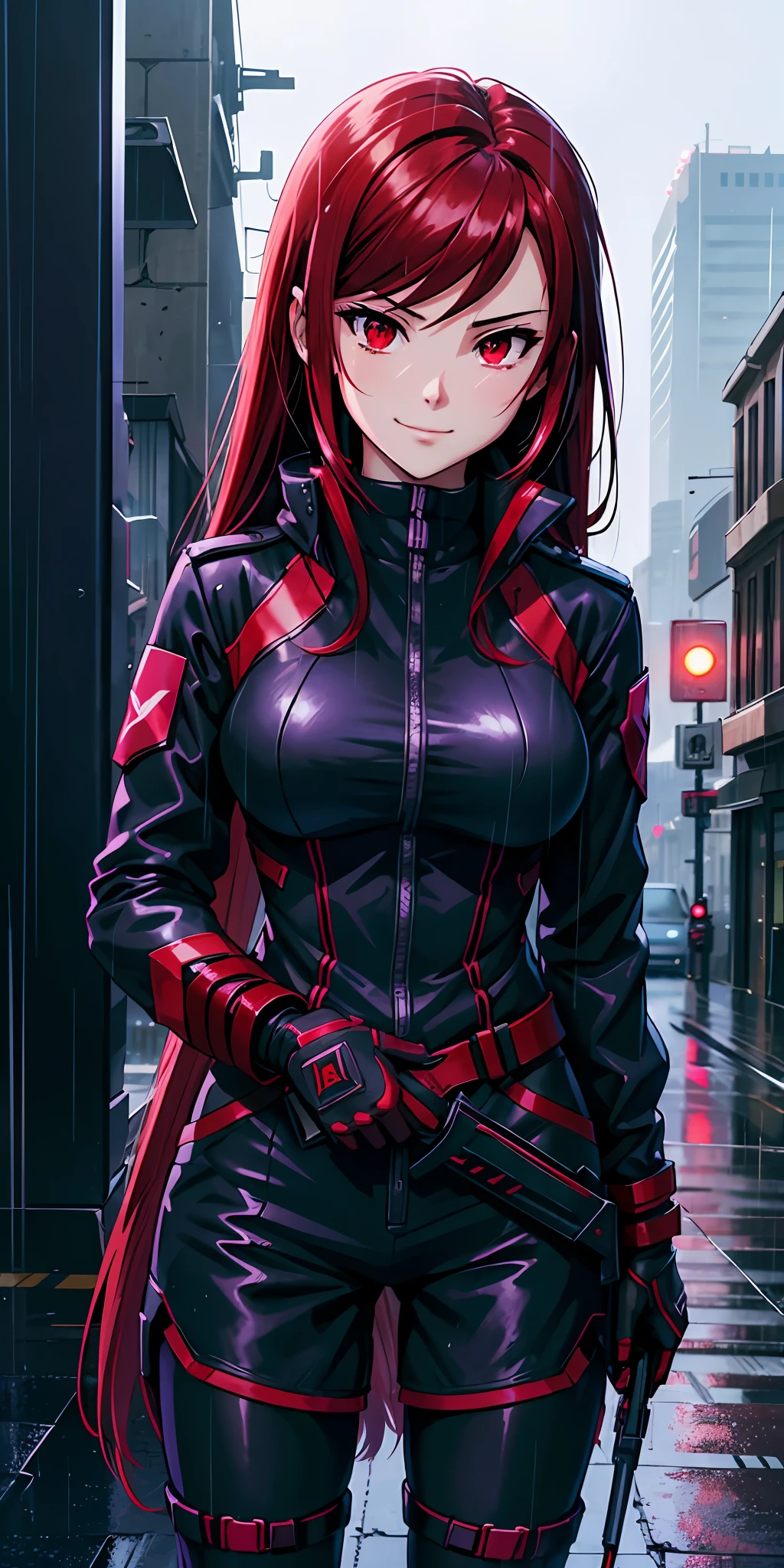Coldest synthwave anime girl , Red hair , red eyes, war background , detail background, rain , rain detail , light , dark , character detail , assassin girl , military uniform, in the city , hand in double blade , girl in dark military uniform and purple neon light , his smile