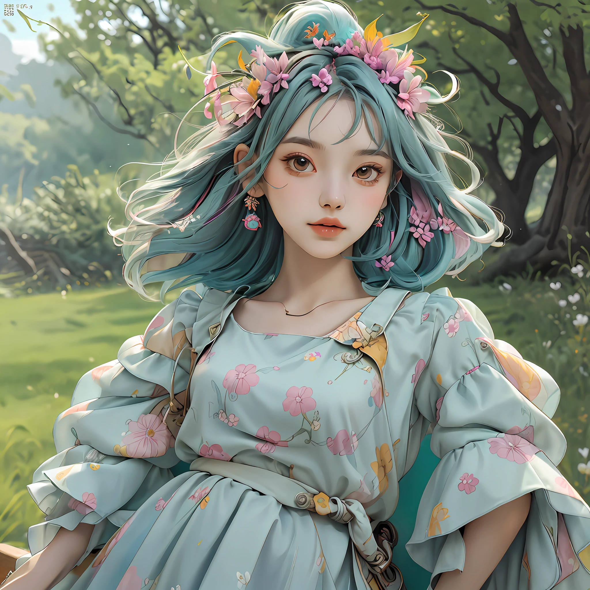 masterpiece, best quality, spring outfit, colorful hair, outdoor, magazine cover ,upper body,