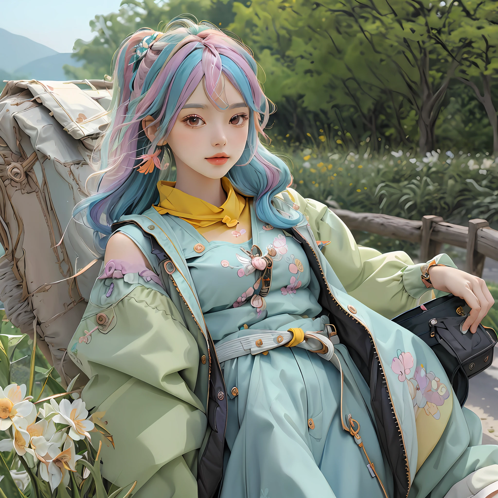 masterpiece, best quality, spring outfit, colorful hair,  outdoor, magazine cover ,upper body,