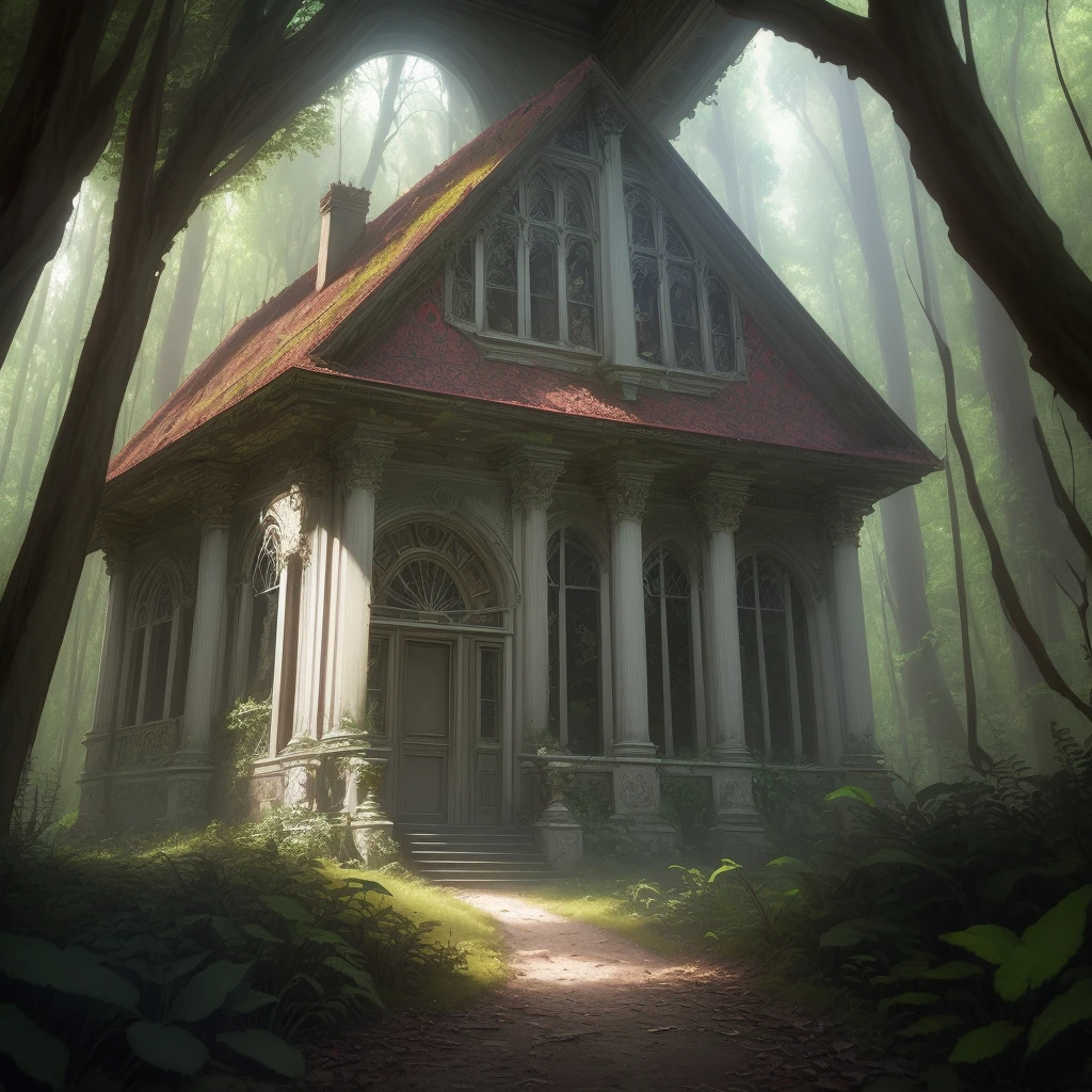 old painting style, abandoned vampire villa in a forest, oversaturated, colorful, highly detailed, high resolution, ray tracing reflections, dramatic lighting, 8k vibrant colors, detailed acrylic, intricate complexity, soft natural volumetric cinematic perfect light by Alphonse Mucha