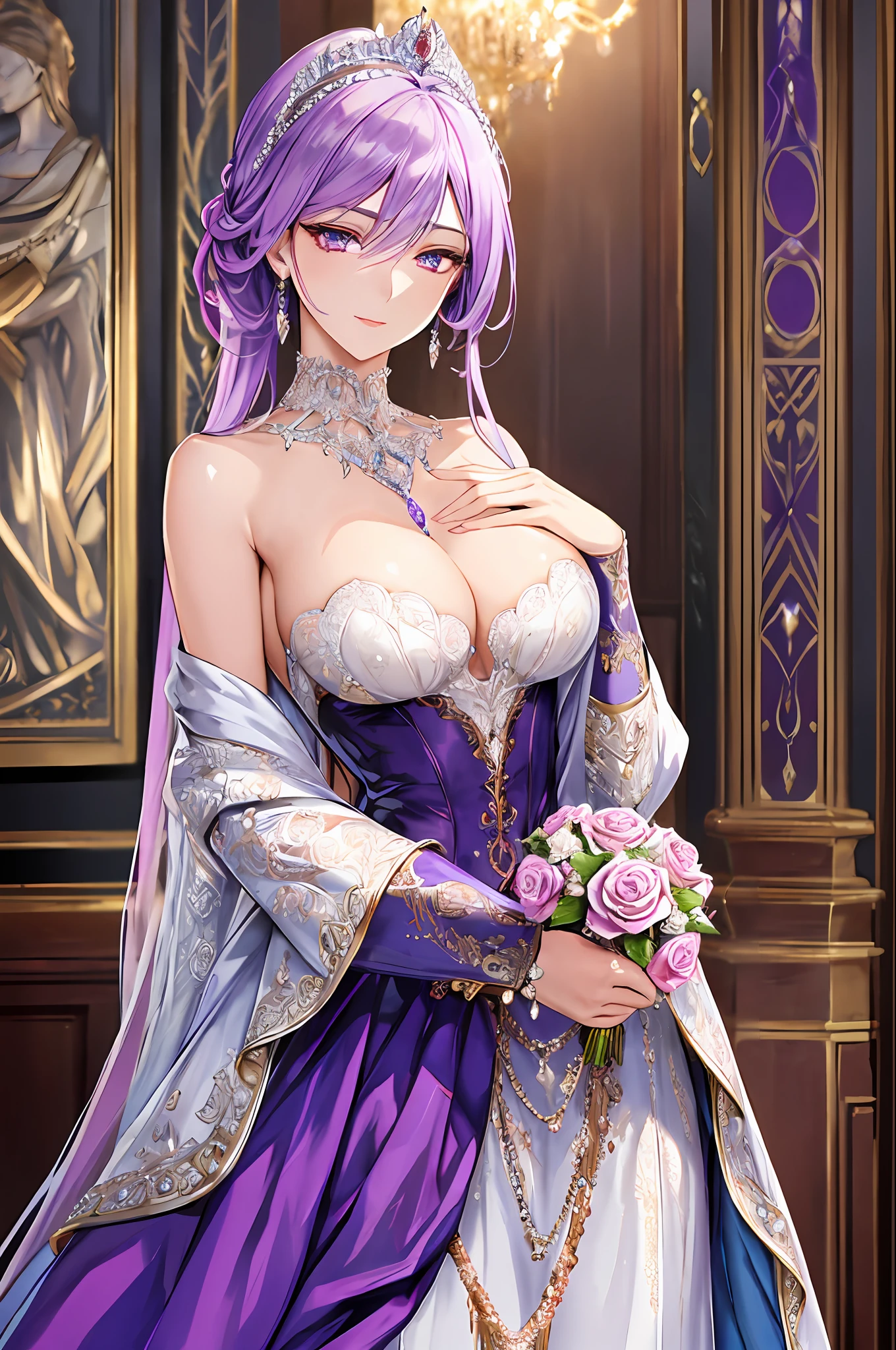 Intricate details, (latex skin: 1.1) and (perfect shiny skin: 1.2) and (damp skin: 1.1), (very detailed face), (masterpiece, realistic: 1.3), (extremely complex: 1. 2) >, intricate and delicate details, (sculptural skin: 1.1) and (shiny skin: 1.2) and (slightly moist skin: 1.1), noble and elegant woman. She wears a gorgeous purple dress and a jewel-encrusted crown on her head. Holding a bright red rose in her hand, she raised her head slightly and stared ahead. Her eyes were deep and bright, exuding tenderness and confidence. In the background behind her is a magnificent castle, (bust composition)