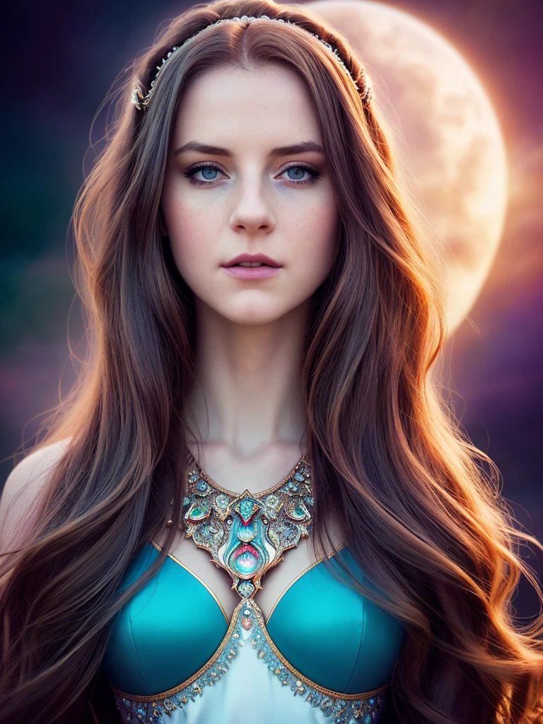 cinematic portrait of enchanted woman as queen of the heavens, symmetry, sharp focus, insanely detailed and intricate, vibrant colors, cinematic lighting, realistic soft skin, Canon EOS 7D, Canon EF 70-200mm f/2.8L IS, vibrant shot by best camera, vibrant effects, beautiful picture quality, focused, vibrant colored, long hair, professional color grading, vibrant focus, ((film grain, color photo, 8k))