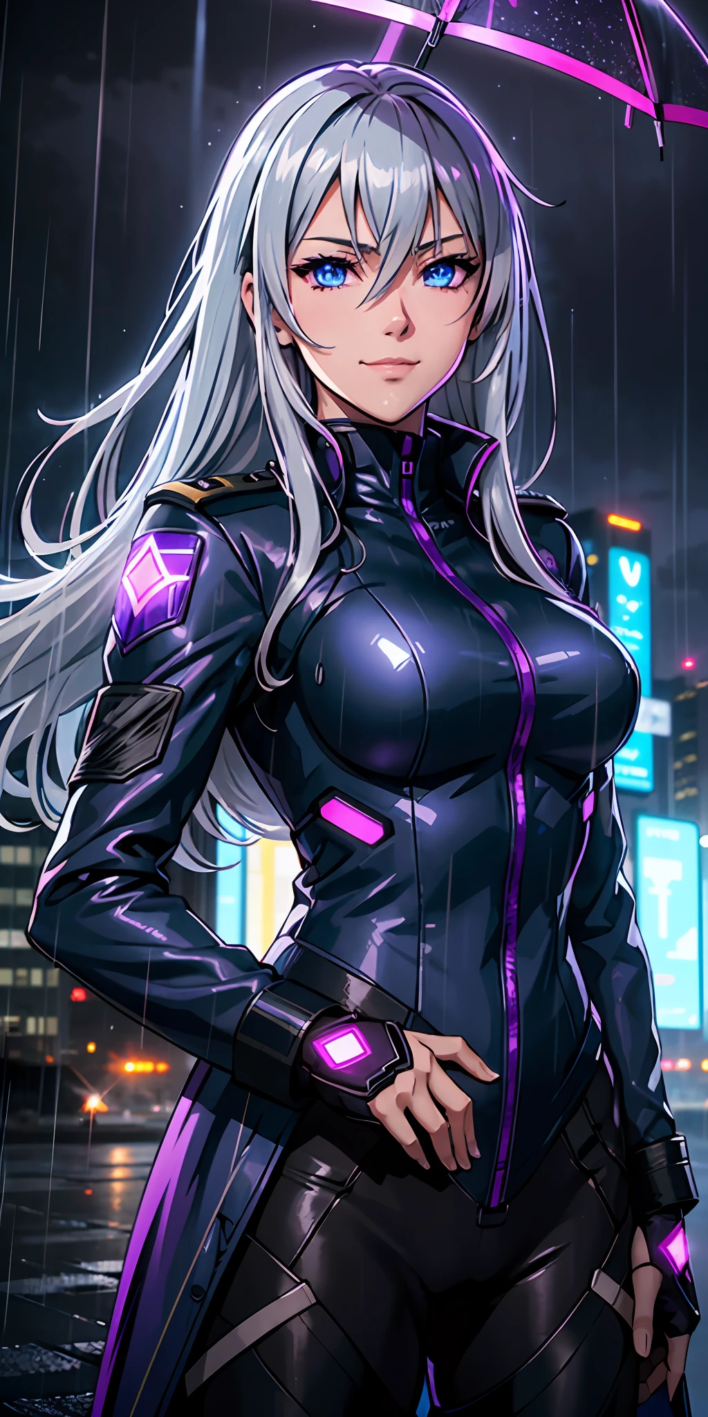 Coldest synthwave anime girl , Silver hair , blue eyes, war background , detail background, rain , rain detail , light , dark , character detail , assassin girl , military uniform, in the city , hand in double blade , girl in dark military uniform and purple neon light , his smile