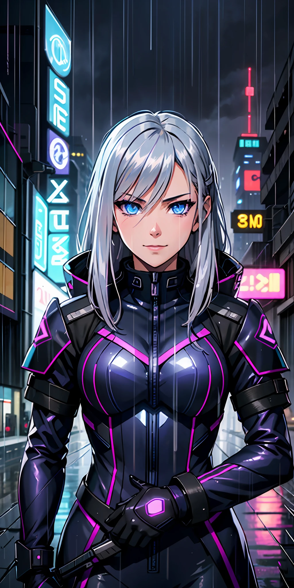 Coldest synthwave anime girl , Silver hair , blue eyes, war background , detail background, rain , rain detail , light , dark , character detail , assassin girl , military uniform, in the city , hand in double blade , girl in dark military uniform and purple neon light , his smile