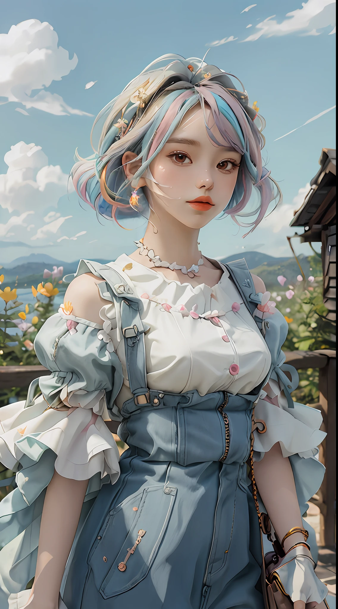 masterpiece, best quality, spring outfit, colorful hair, outdoor,cloud ,upper body,