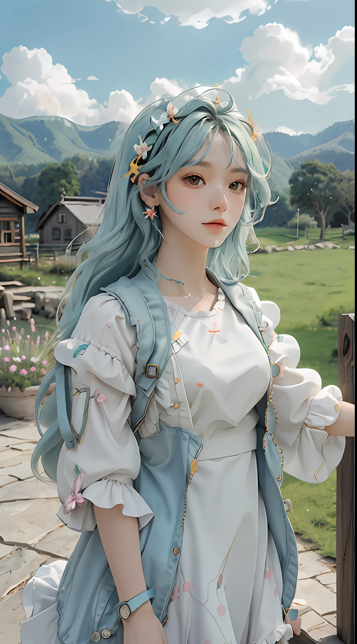 masterpiece, best quality, spring outfit, colorful hair,  outdoor,cloud ,upper body,