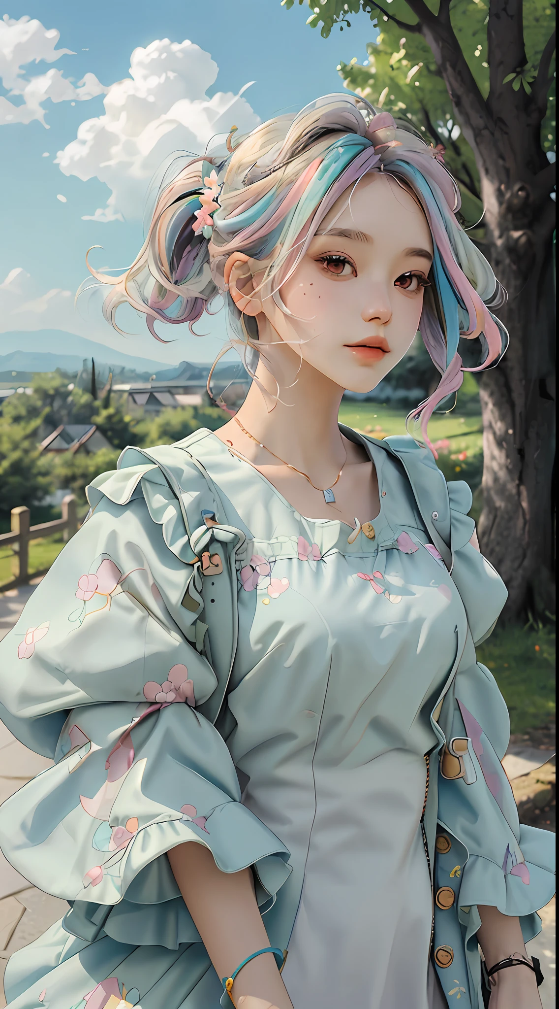 masterpiece, best quality, spring outfit, colorful hair, outdoor,cloud ,upper body,