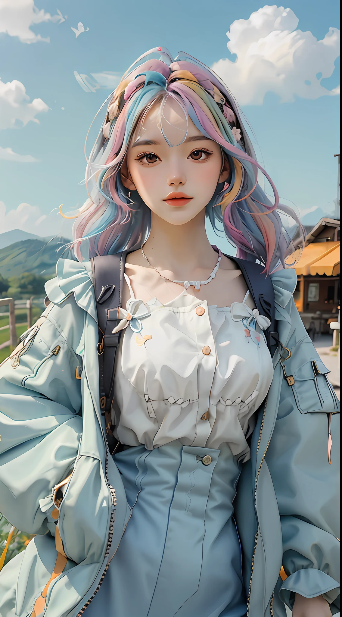 masterpiece, best quality, spring outfit, colorful hair, outdoor,cloud ,upper body,