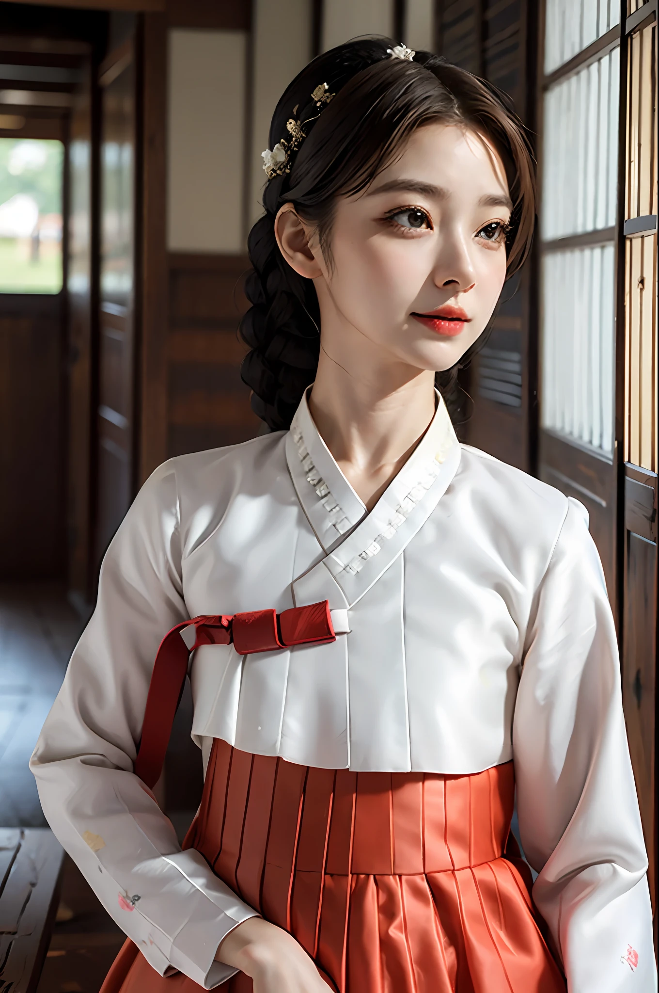 1woman, deep eyes, (black eyes:1.2), (eyelash removal: 1.3), detailed shoulder hair, (dark brown hair:1.1), (very realistic:1.2), (close-up photo:0.8), (complex:1.2), (looking at camera:1.2), (white hanbok: 0.8), smile, realistic face, perfectly proportioned face, natural makeup, light on the face, sharp focus, wooden door background, hairpin, profile, looking at the viewer, (empty-handed: 1.3), white top, navy blue skirt,  braided hair, upright upper body, dark collar top,