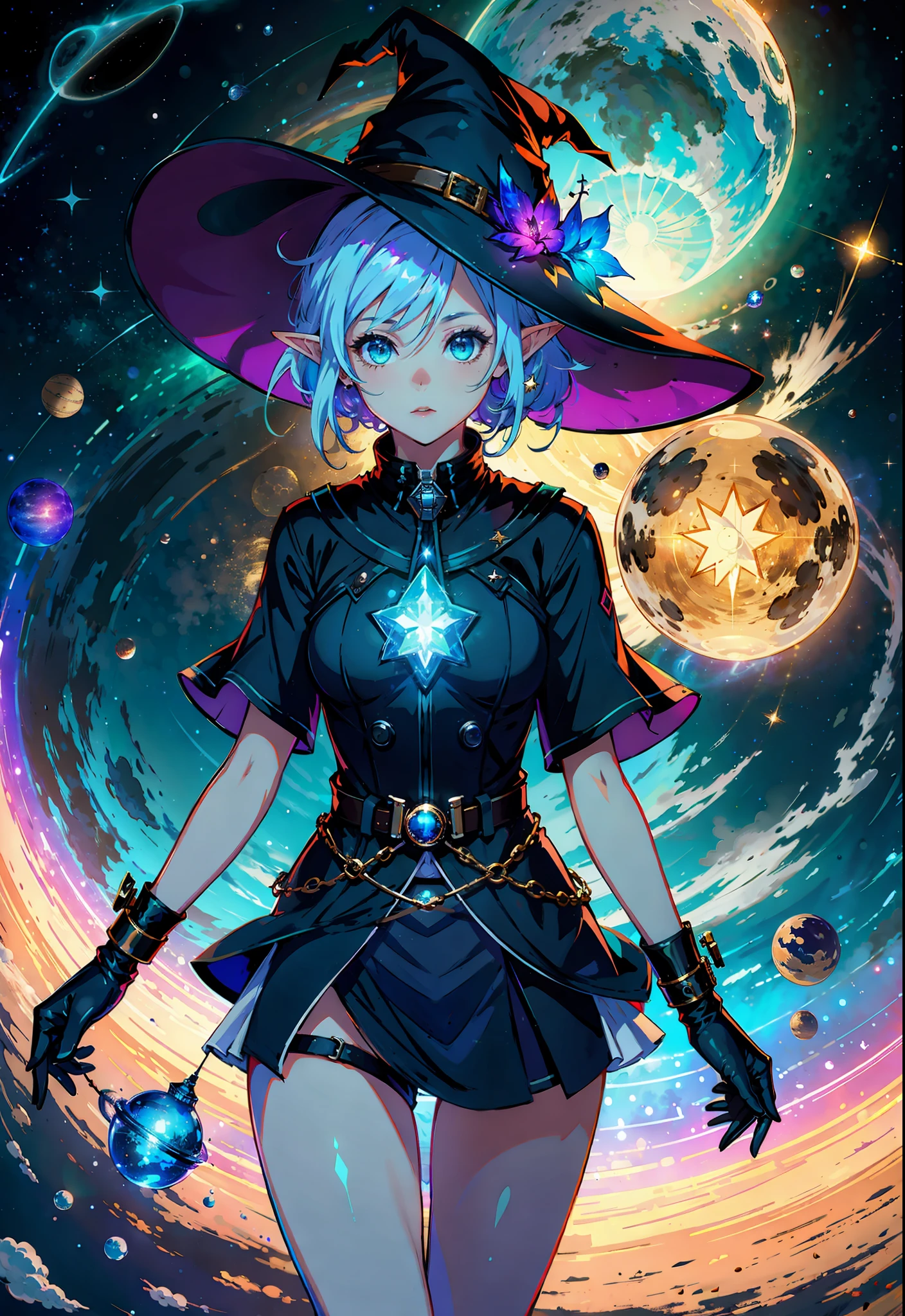 best quality, highres, 1girl, elf, witch hat, floating in space, energy sphere, light particles, shiny hair, shining stars, fantasy,