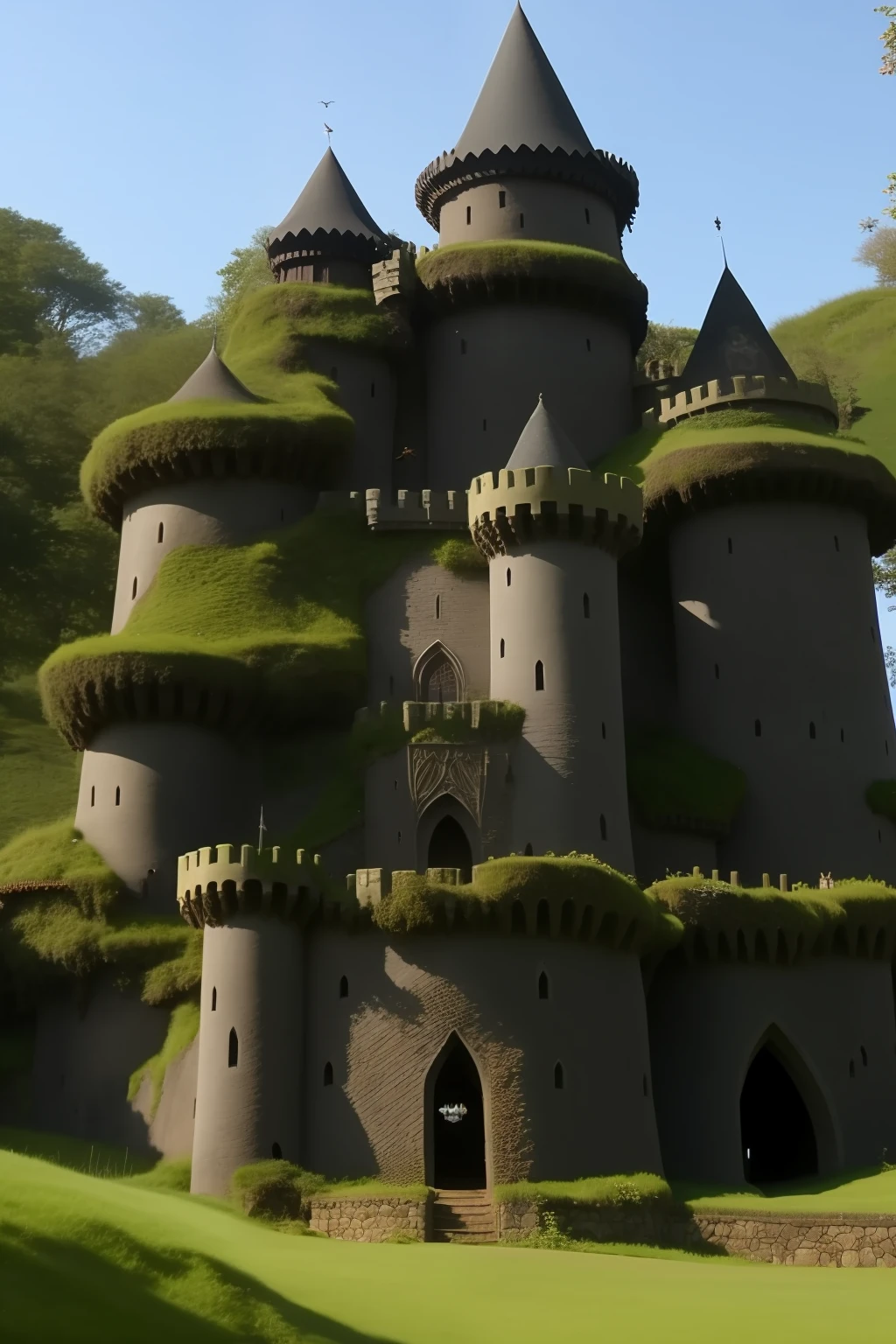 an anthill shaped like a gothic castle, with a moat and drawbridge, guarded by guardian ants