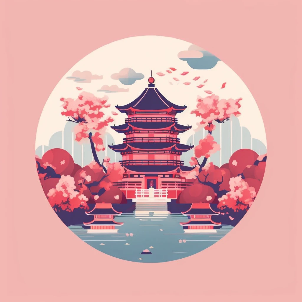 travel illustration, Chinese spring flat design, cherry blossoms, Wuhan, China, simple shape, minimalist style, flat illustration, ancient architecture,