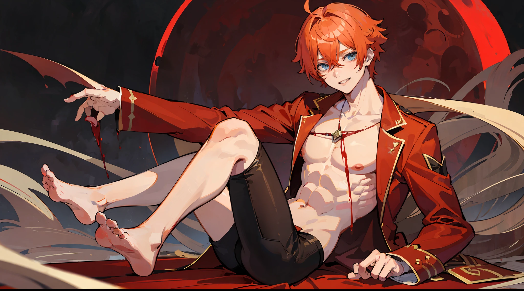 tartaglia (genshin impact), 1boy, orange hair, blue eyes, crazy smile, blades, blades in the hands, in full growth, (blood on the body), red moon, a lot of blood, bloody corpses of people at the feet, people are lying at their feet, blood drips from the blade, blood on clothes, open shirt, red shirt, open chest, toned body, muscles