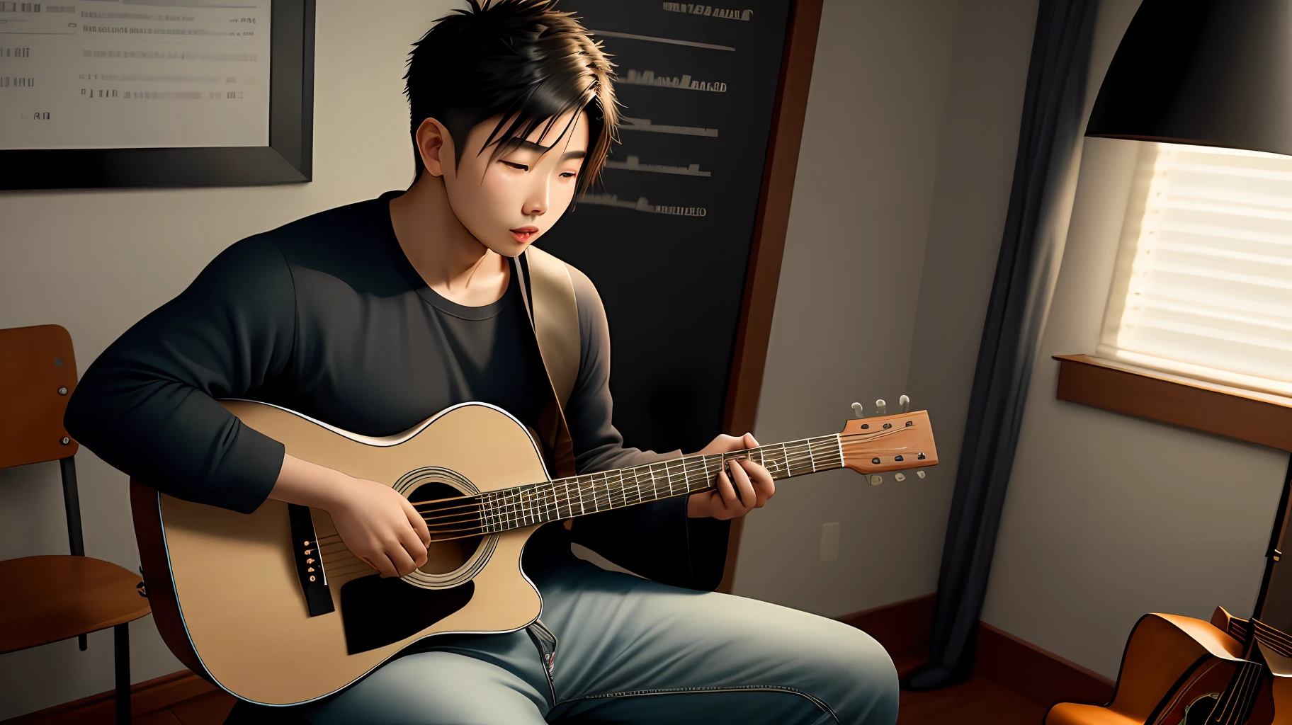 Cute asian sexy man with guiter sit on the chair and write a song studio room/moody tone / half body view