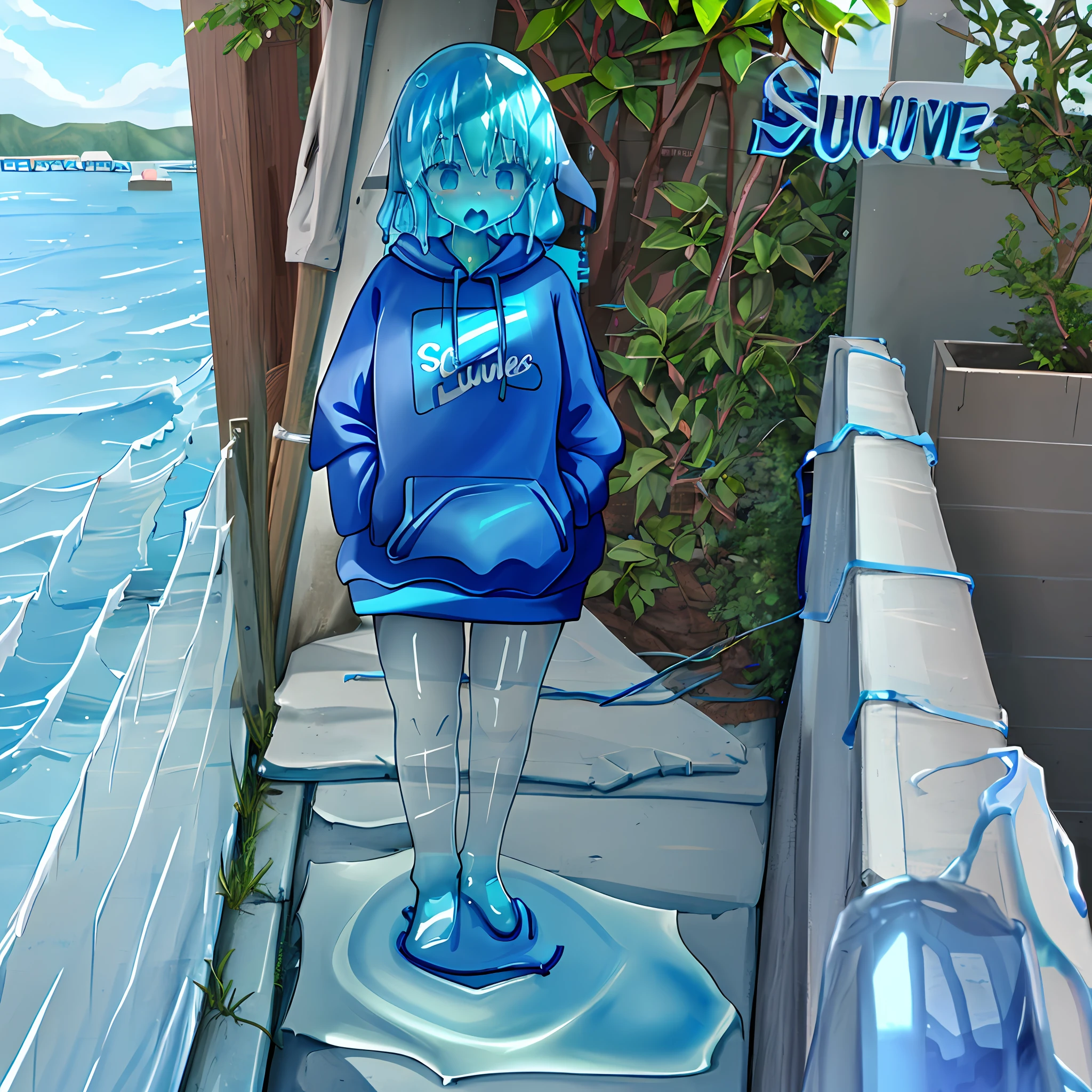 ,1girl,(slime girl), viscous blue skin,high quality,(((slime sports sweatshirt))),translucent body, transparent skin,