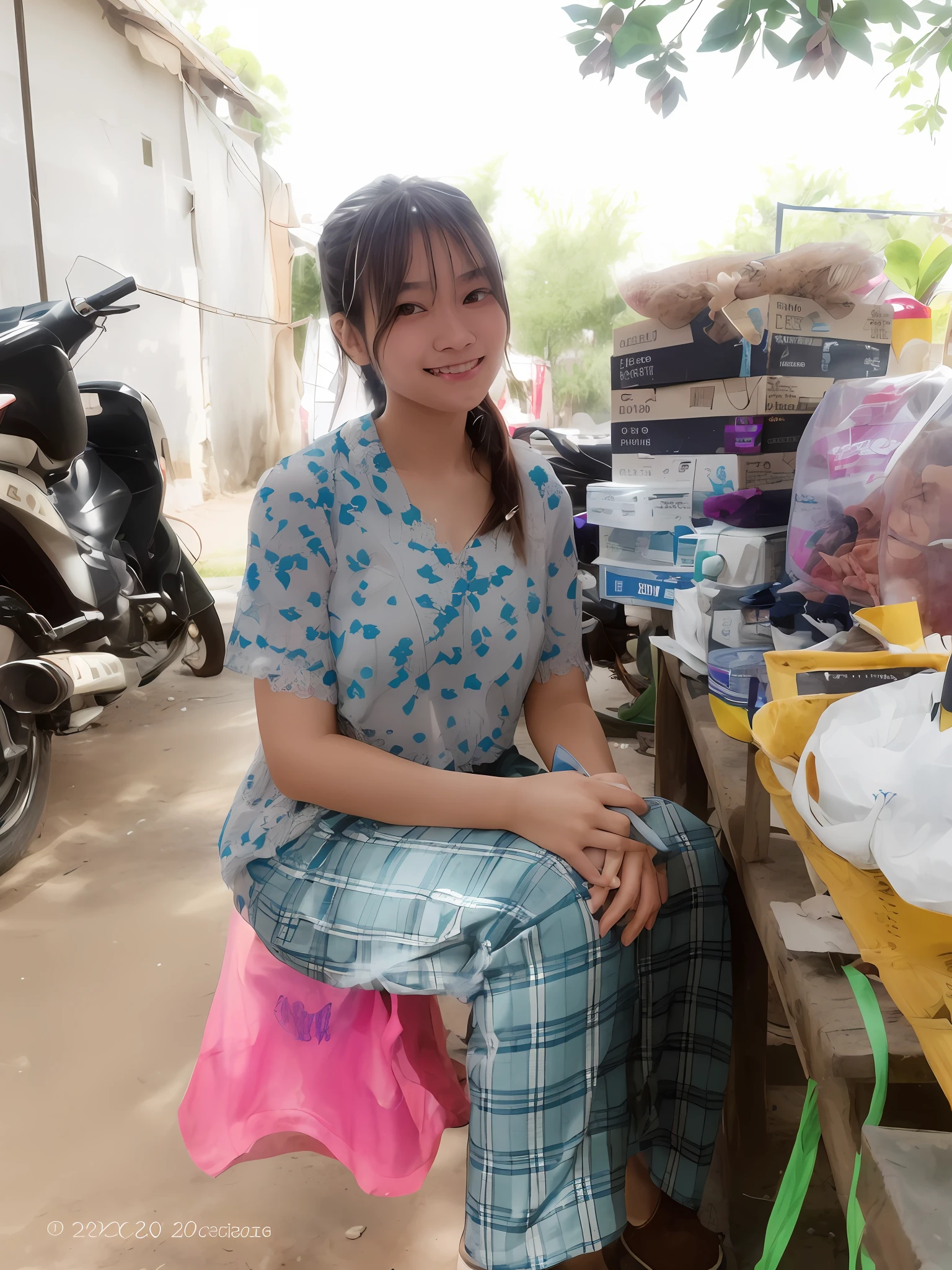 woman sitting on a stool in front of a table with a lot of items, portait image, a young asian woman, nivanh chanthara, high quality upload, amazing beauty, vietnamese woman, photo taken in 2 0 2 0, south east asian with round face, exclusive, thawan duchanee, photo of a woman, sukhothai costume , photo taken in 2 0 2 0, a beautiful, charming young girl, 18 years old, bright eyes, long brown emo hair, white and fair skin, black fur collar, smoking and foggy environment, details face, details teeth, highest resolution, highest sharp, 3D, UHD, 32k, big breast, sexy body style, big, huge breast