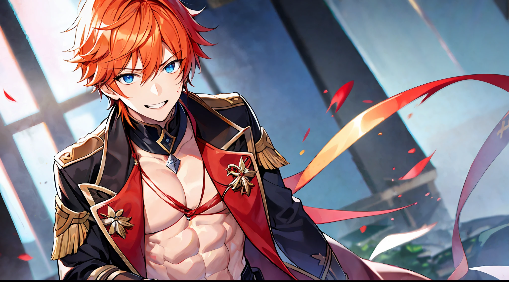 tartaglia (genshin impact), 1boy, orange hair, blue eyes, crazy smile, blades, blades in the hands, in full growth, (blood on the body), red moon, a lot of blood, bloody corpses of people at the feet, people are lying at their feet, blood drips from the blade, blood on clothes, open shirt, red shirt, open chest, toned body, muscles