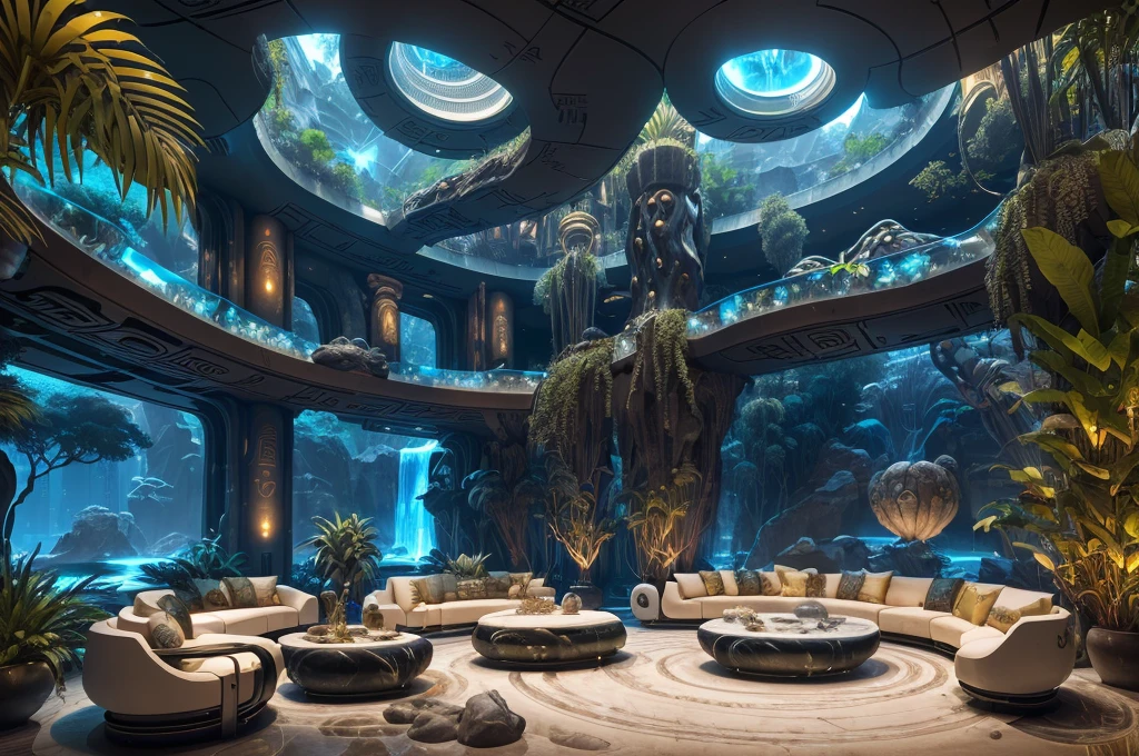incredible luxurious futuristic living room interior in Ancient Egyptian style with many ((lush plants)) (lotus flowers), ((palm trees)), rocky walls, (sand), (waterfalls), (marble), ((precious minerals)), ((metals)), (gemstones), crystals, clouds and ((water)), ((curvy futuristic furniture)), crocodiles, ((hieroglyphics)), (((ultra luxury))), (black marble) – with ((beautiful lights)), Unreal Engine, HQ, 16k