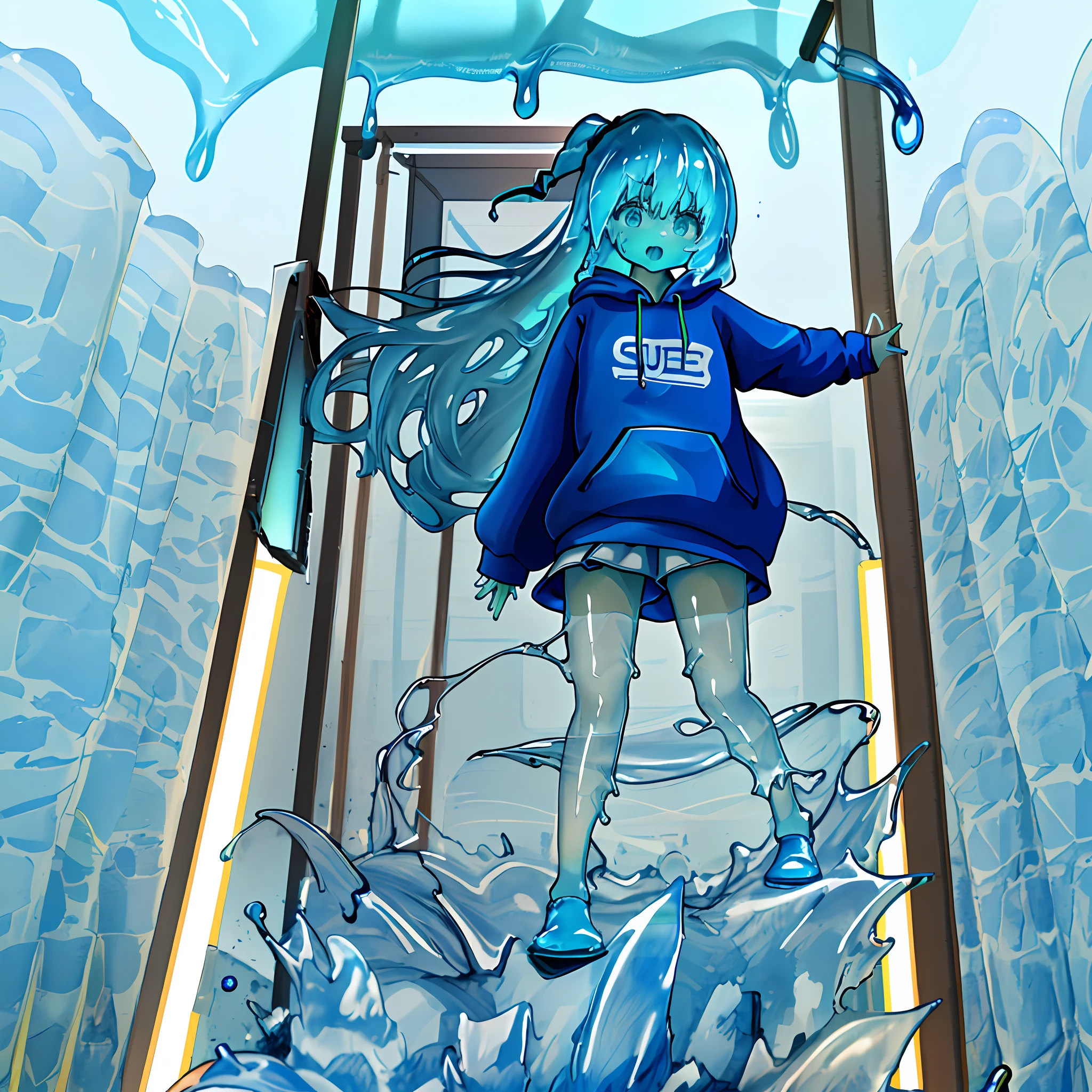 ,1girl,(slime girl), viscous blue skin,high quality,(((slime sports sweatshirt))),translucent body, transparent skin,