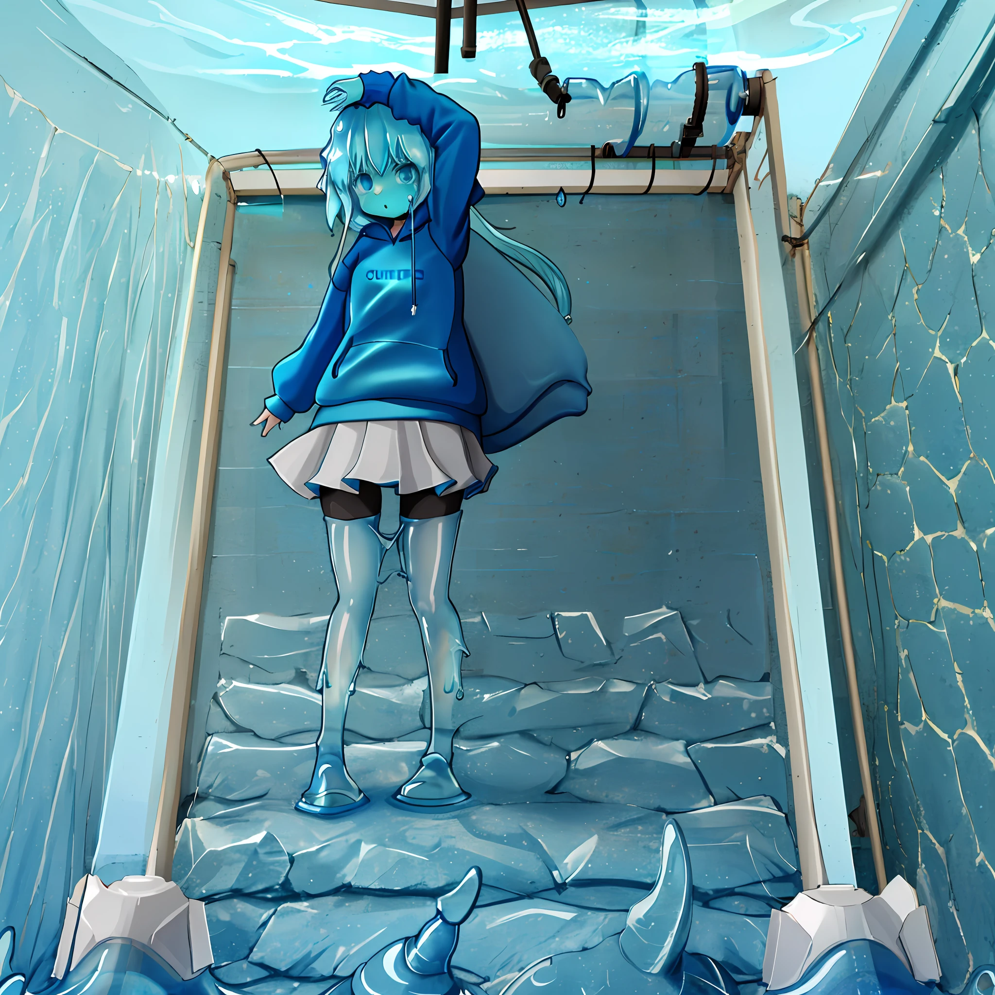 ,1girl,(slime girl), viscous blue skin,high quality,(((slime sports sweatshirt))),translucent body, transparent skin,