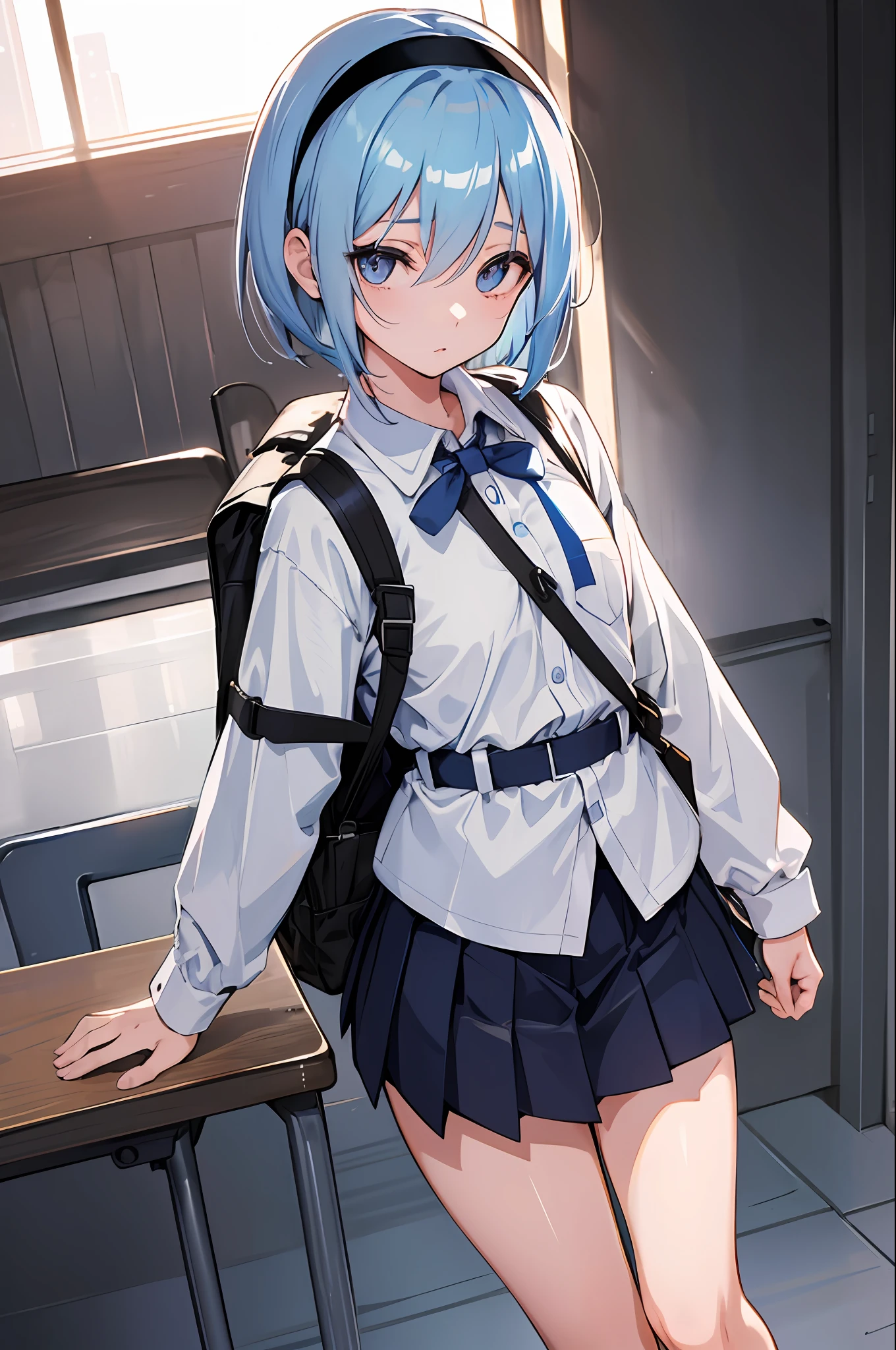 1 girl, uniform, in the classroom, girder belt, light blue hair, black hairband (inside the hair), ashime bob, short hair, walking, beautiful eyes, detailed fabric texture, holding a backpack, eyes with light, side hair (long), five fingers, hair band (black)