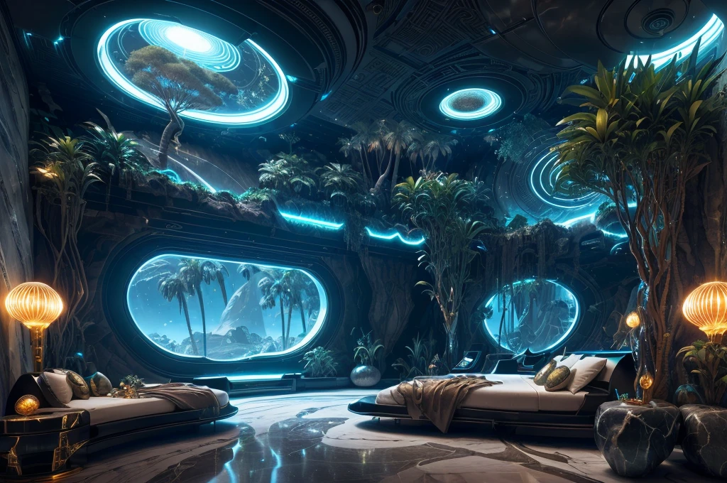 incredible luxurious futuristic bedroom interior in Ancient Egyptian style with many ((lush plants)) (lotus flowers), ((palm trees)), rocky walls, (sand), (waterfalls), (marble), ((precious minerals)), ((metals)), (gemstones), crystals, clouds and ((water)), ((curvy futuristic furniture)), crocodiles, ((hieroglyphics)), (((ultra luxury))), (black marble) – with ((beautiful lights)), Unreal Engine, HQ, 16k