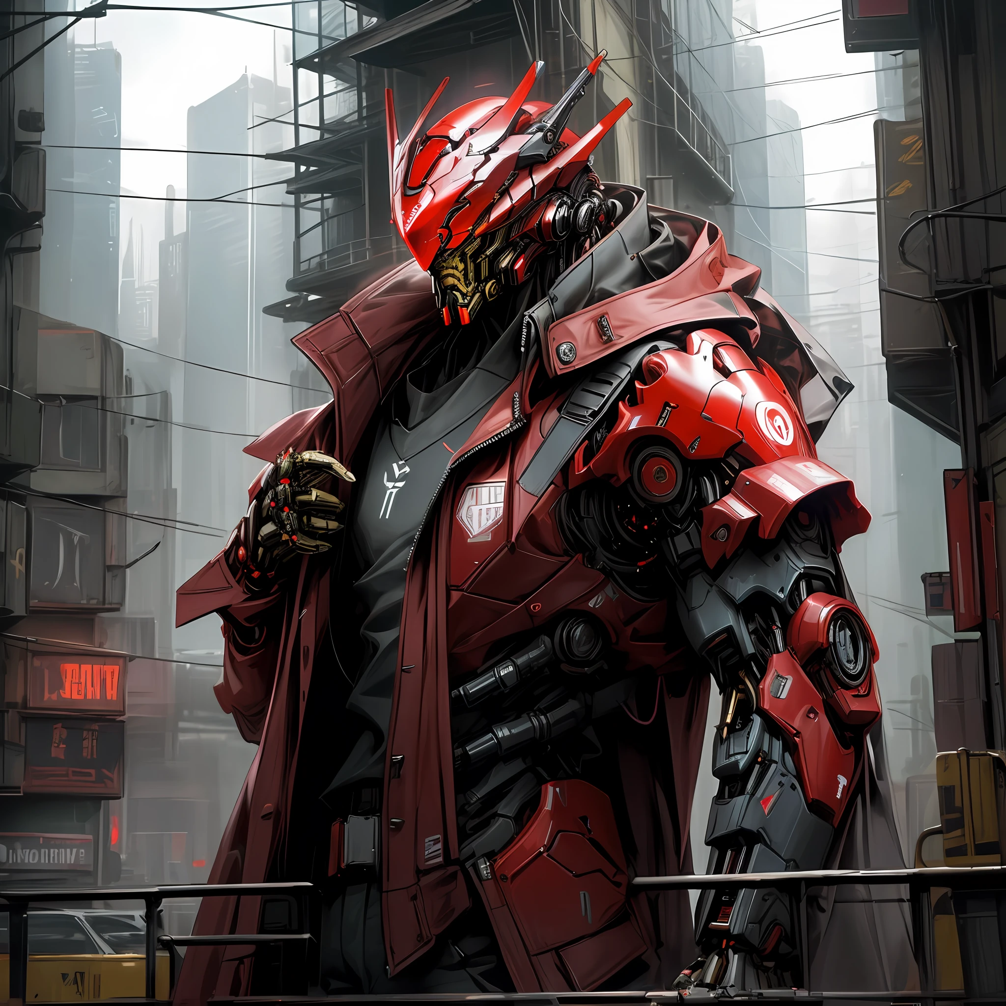 Dark_Fantasy,Cyberpunk, (Best quality, Masterpiece),(Red:1.1),1man,Mechanical marvel,Robotic presence,Cybernetic guardian,wearing a cybernetic jacket,city