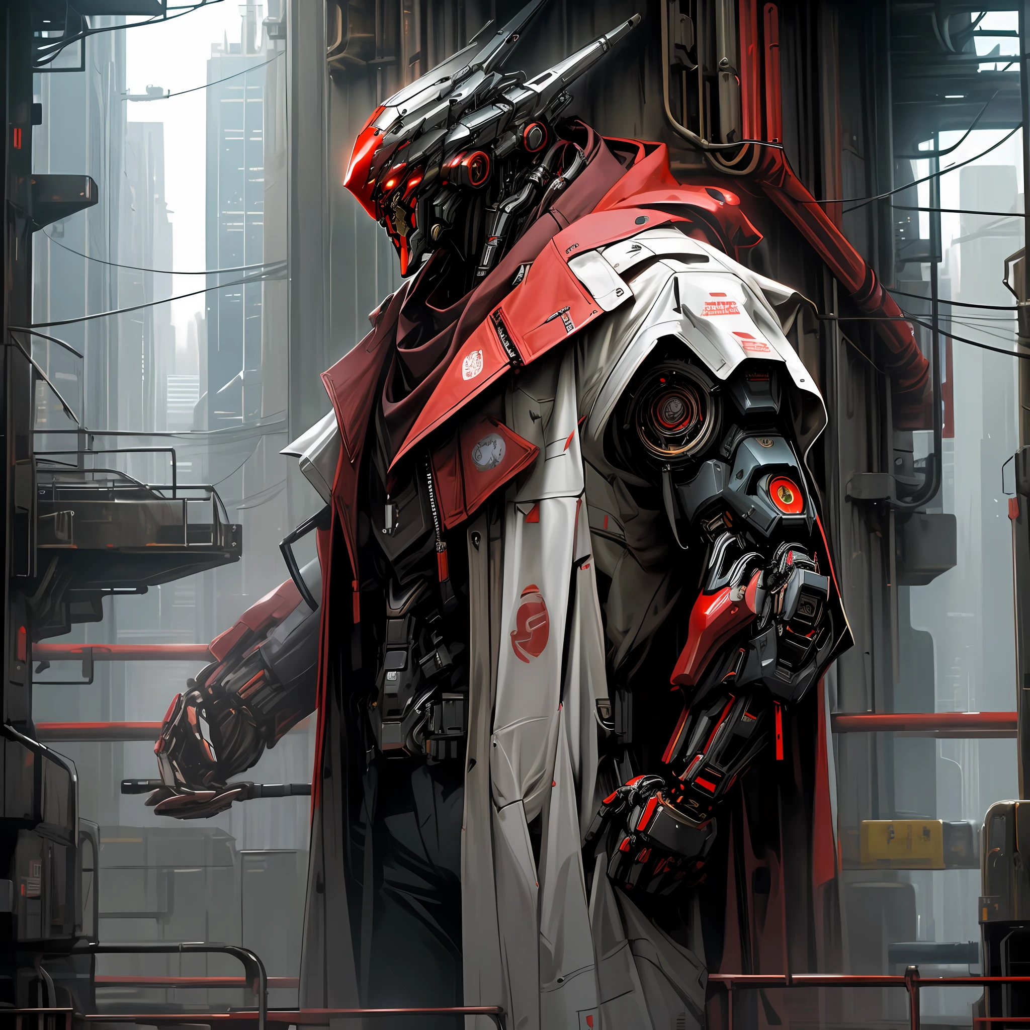 Dark_Fantasy,Cyberpunk, (Best quality, Masterpiece),(Red:1.1),1man,Mechanical marvel,Robotic presence,Cybernetic guardian,wearing a cybernetic jacket,city