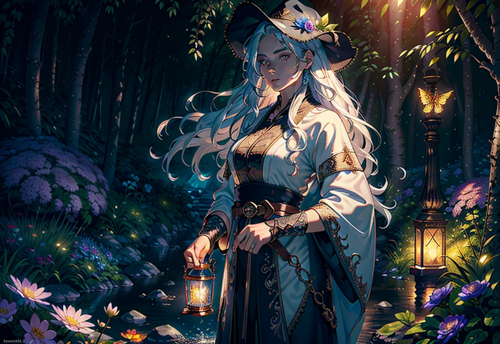 Masterpiece, incredible details, epic realistic, ultra clarity , (intricate details:1.12), (HDR:1.4), octane render, 3d render, cgi,dramatic, bokeh,
(dark shot:1.22), soft cinematic light,
Fast-flowing waterfalls, mountains, rivers, fireflies, flowers, glowing butterflies, crystals,
1girl, long hair, floating hair, belt, glove, hand guard, wizard hat, intricate wizard robe,(natural skin texture, hyperrealism, soft light, sharp:1.2)