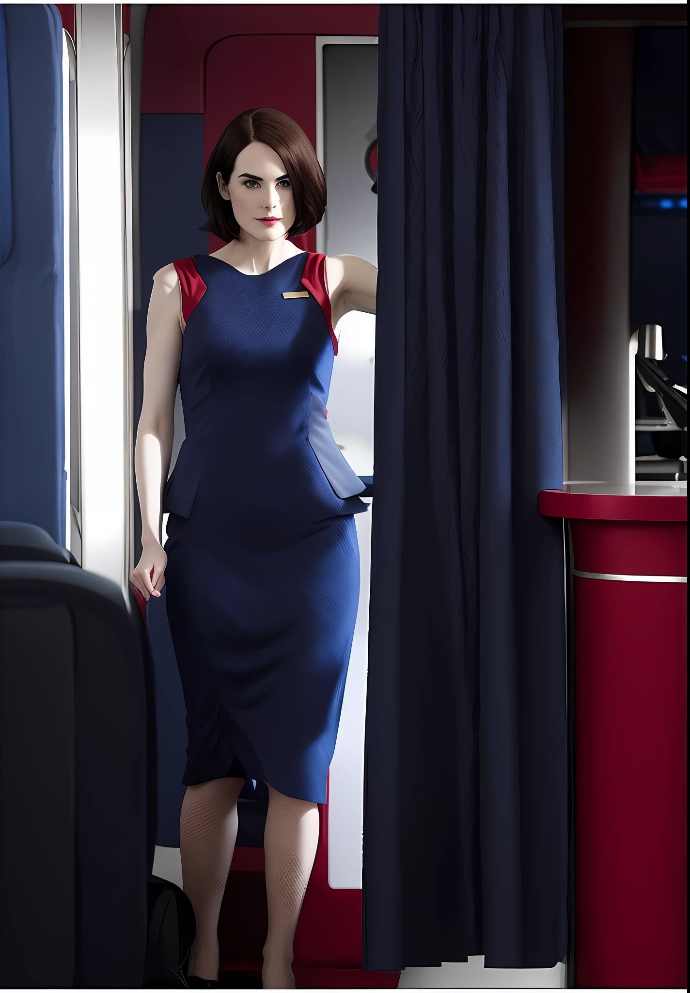 michelle dockery as flight attendant based on movie non stop bob haircut wearing dark straight strict red and blue dress with no sleeves