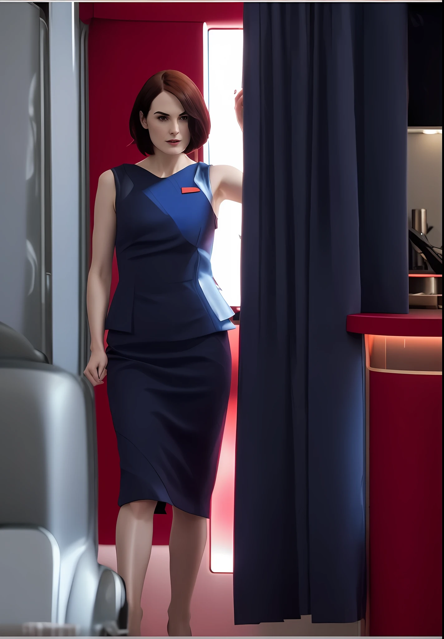 michelle dockery as flight attendant based on movie non stop bob haircut wearing dark straight strict red and blue dress with no sleeves