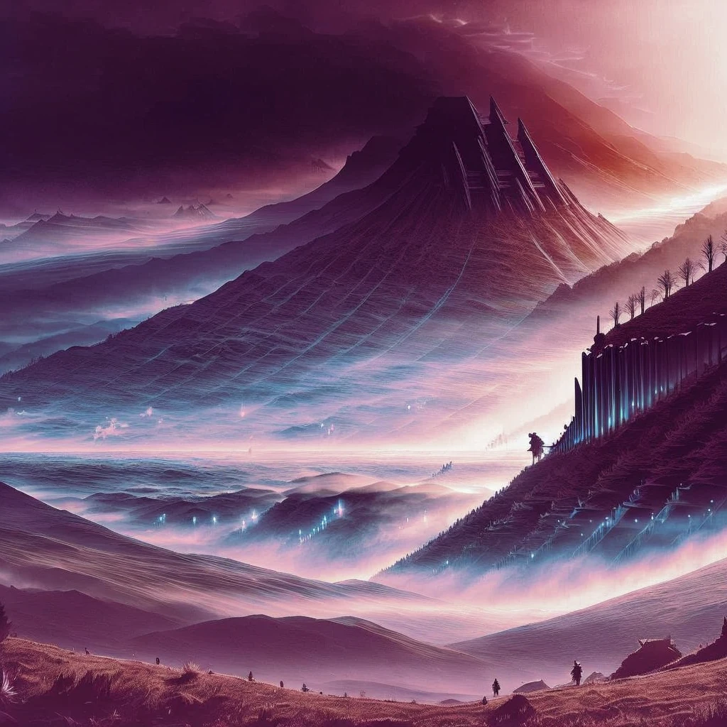 Giant knight, wings, holy sword, mountains, sacred, mysterious, technological