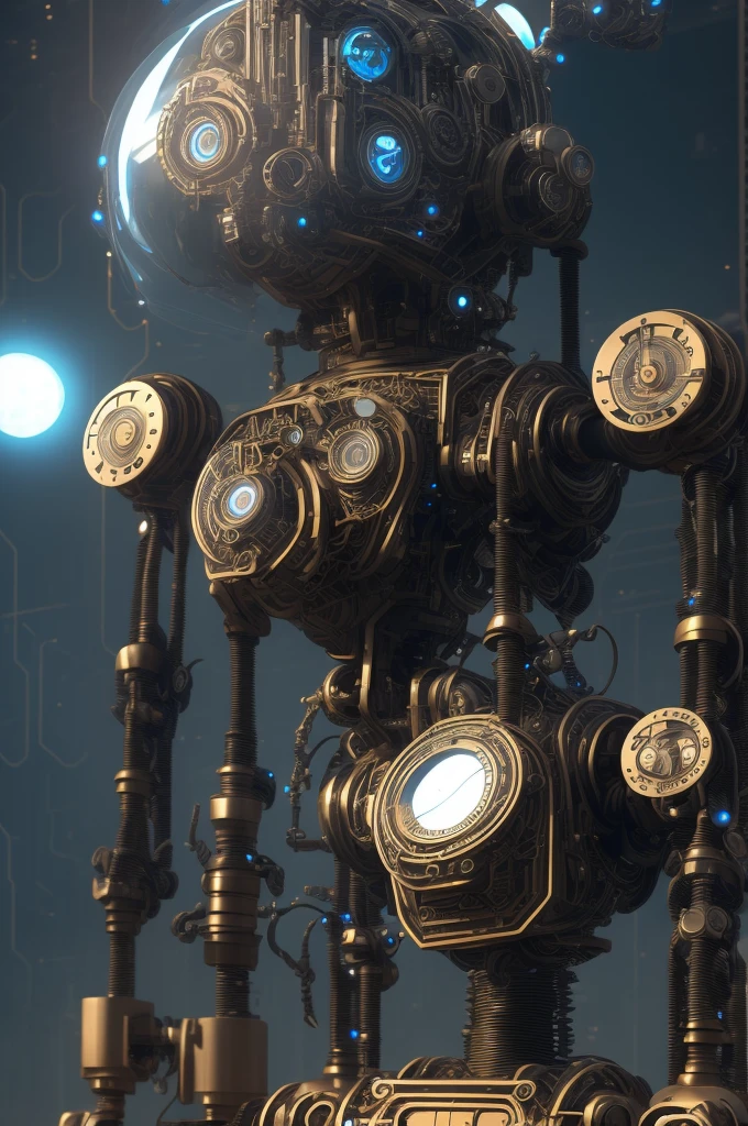 Full body robot|Full body photo|detailed face|symmetry|steampunk|cyberpunk|retro futuristic robot|intricate|scale|hyperrealism|cinematic lighting|digital art|concept art| MDJRNY-V4 style