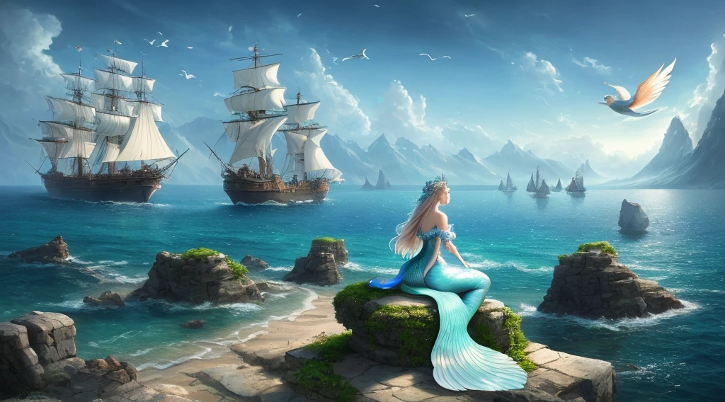 A beautiful mermaid princess in the ocean sitting on a stone resting, a bird flying over her hand, a big ship is driving in the distance, wallpaper anime blue water, anime beautiful peace scene, HD wallpaper, beautiful wallpaper, beautiful dream breathtaking, very beautiful digital art, beautiful digital art, beautiful fantasy painting, fantasy beauty, dream landscape art, beautiful gorgeous digital art, amazing wallpaper, very beautiful photos, breathtaking fantasy art, Very beautiful fantasy art, aesthetic art, epic exquisite facial features and full body details, virtual engine