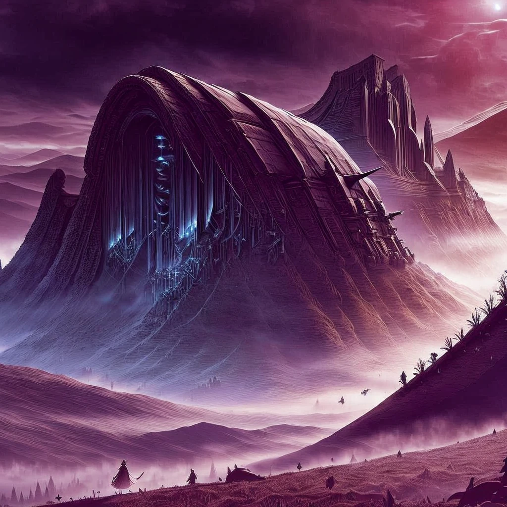 Medieval style, giant knight, wings, holy sword, mountains, sacred, mysterious, technological, futuristic