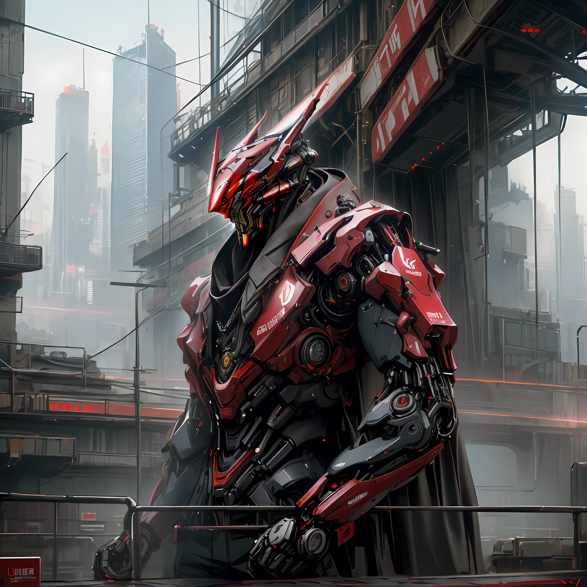 Dark_Fantasy,Cyberpunk, (Best quality, Masterpiece),(Red:1.1),white,1man,Mechanical marvel,Robotic presence,Cybernetic guardian,wearing a cybernetic jacket,city, highest quality digital art, Stunning art, wallpaper 4k, highly detailed