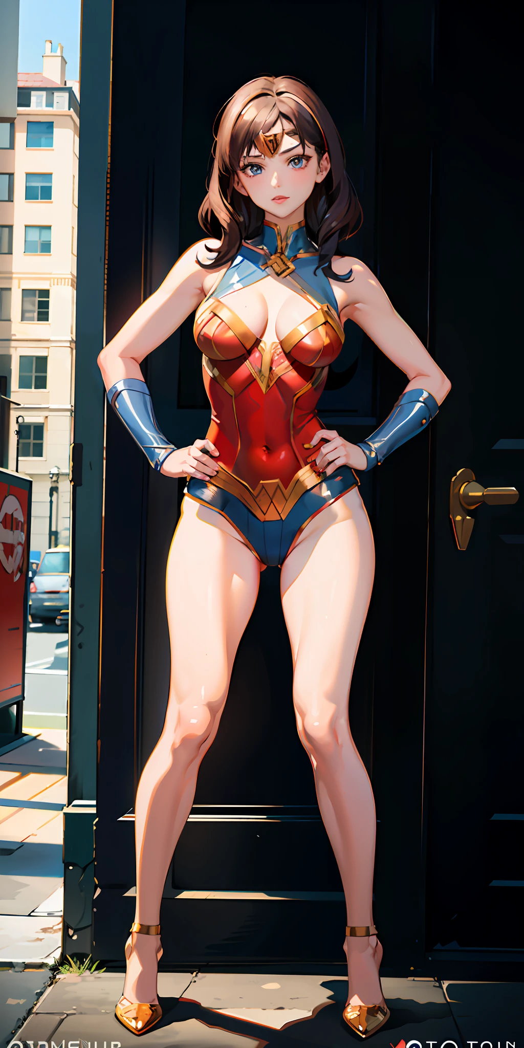 (masterpiece:1.2), (best quality:1.2), perfect eyes, perfect face, perfect lighting, 1girl, MILF, Female, superhero, leotard, bare legs, hands on hip, full body, city backdrop, 1girl, Wonder Woman,