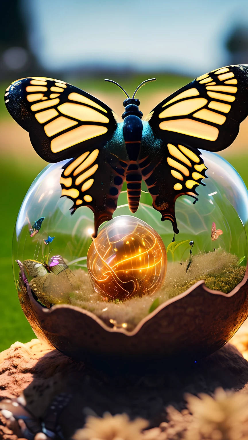 glowing butterfly sitting in a transparent neon sphere on an anthill, detailed, around grass and earth, statue, 8K, ultra details, photorealistic, Fujifilm X-T3, 1/60 sec at f/5.6 ISO 160, 18-55mm at 35mm in 3D,