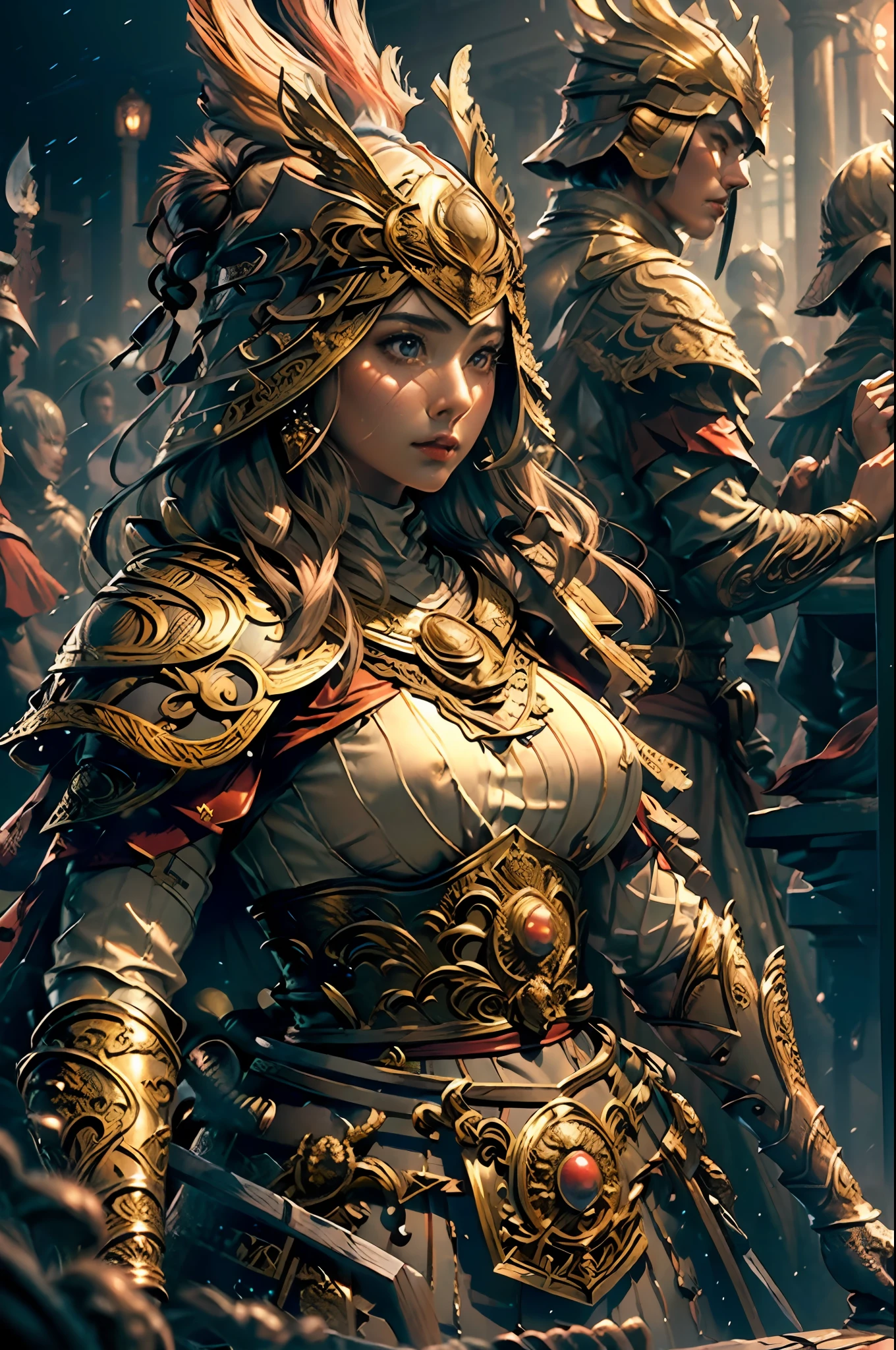((masterpiece))), (((best quality))), ((ultra-detailed)), (hyperrealistic), (highly detailed CG illustration), cinematic light, photorealistic ,extremely beautiful young lady, light makeup, big breast,  intricate detailed eaba, red cape, spear