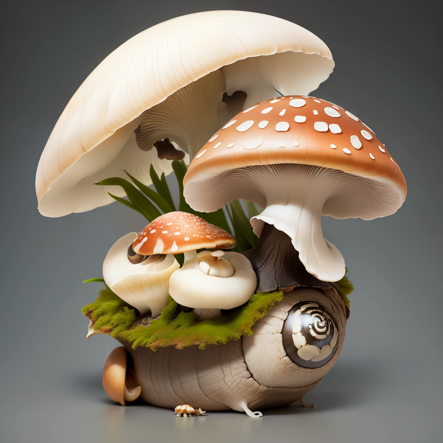 a snail with a mushroom on top, white background, 8K, ultra details, photorealistic, Fujifilm X-T3, 1/60 sec at f/5.6 ISO 160, 18-55mm at 35mm
