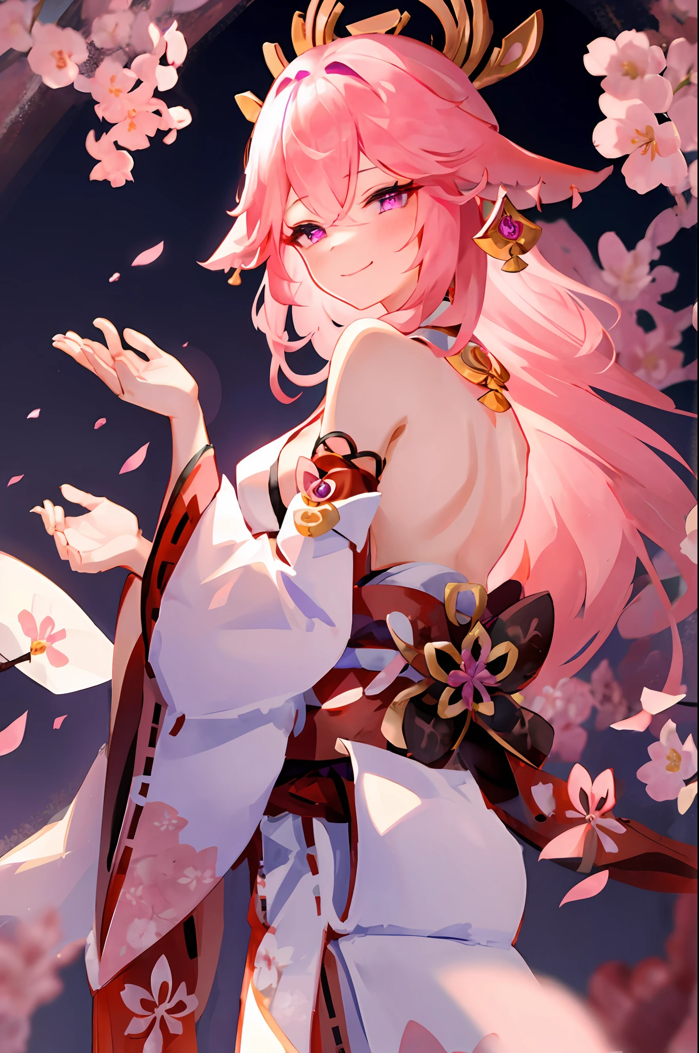 yae miko, 1girl, \n/, animal ears, bare shoulders, blush, breasts, cherry blossoms, closed mouth, detached sleeves, earrings, flower, fox ears, gem, hair between eyes, hair ornament, hand up, japanese clothes, jewelry, kimono, long hair, looking at viewer, medium breasts, miko, nontraditional miko, pink eyes, pink flower, pink hair, purple gemstone, short kimono, sidelocks, smile, solo, upper body, white kimono, ((masterpiece))