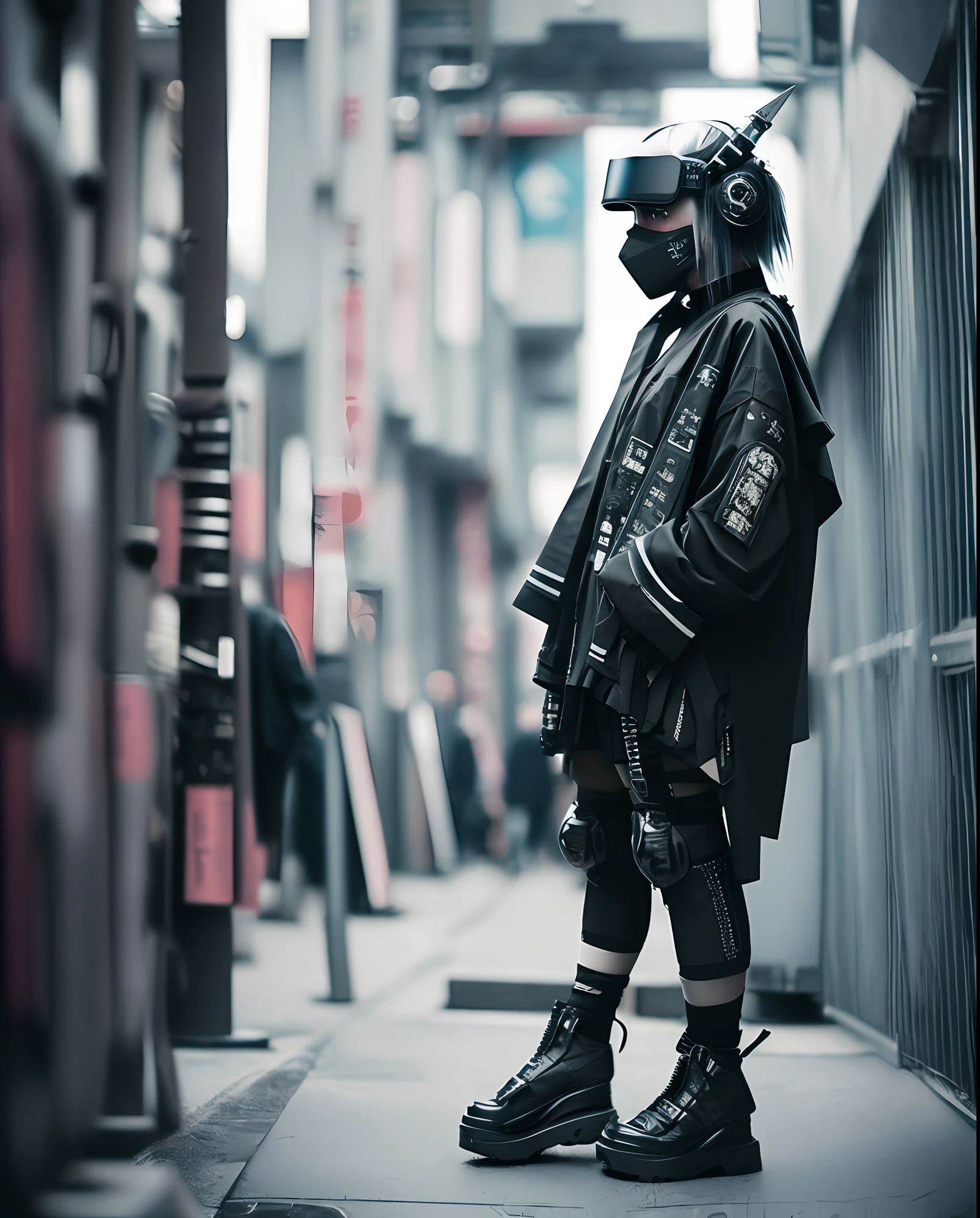 woman in black harajuku fashion, with a cyberpunk mask, vr headset, wearing japanese techwear, photograph of a techwear woman, cyberpunk streetwear, wearing cyberpunk streetwear, techwear, cyberpunk techwear, techwear fashion, future techwear, wearing techwear and armor, futuristic techwear, 2 techwear women, very beautiful cyberpunk samurai, techwear look and clothes