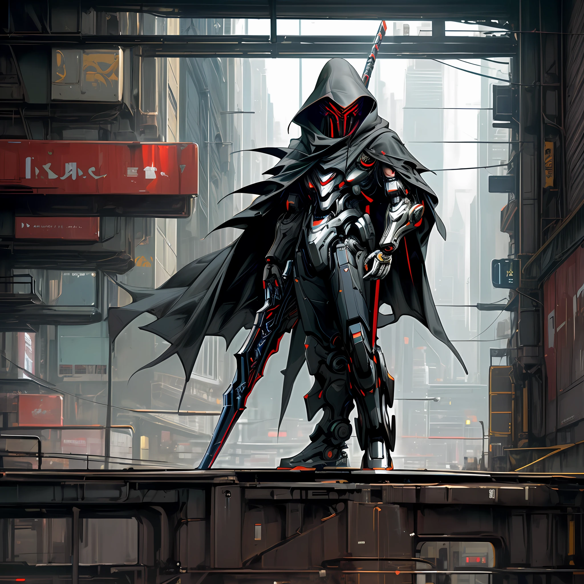 Dark_Fantasy,Cyberpunk, (Best quality, Masterpiece),1man,Mechanical marvel,Robotic presence,Cybernetic guardian,wearing a cybernetic cloak,city, highest quality digital art, Stunning art, wallpaper 4k, highly detailed,full body,holding a scythe, reaper robot