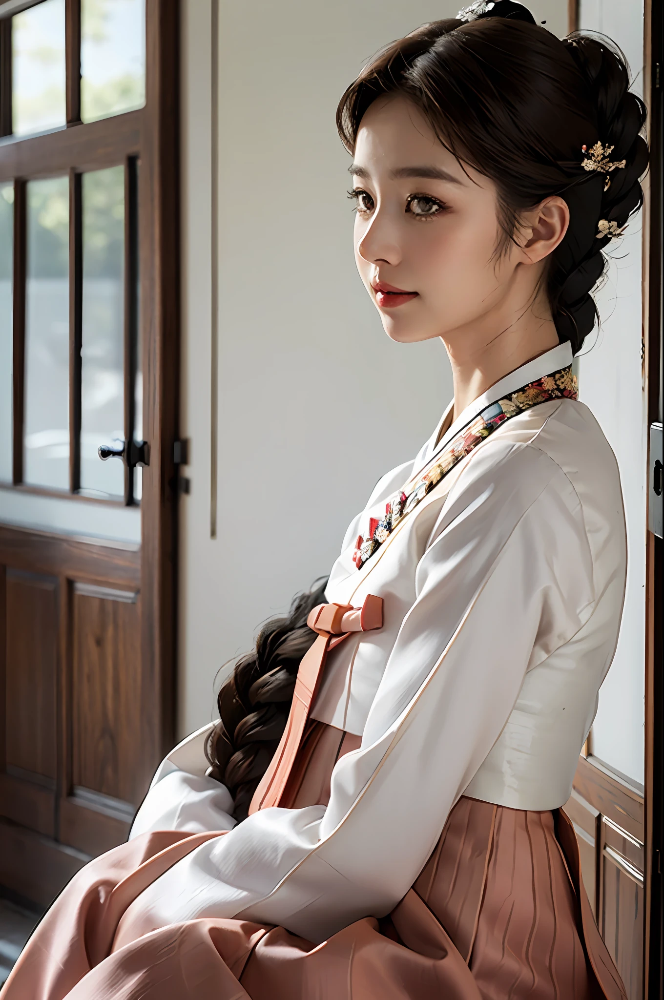 1woman, deep eyes, (black eyes:1.2), (eyelash removal: 1.3), detailed shoulder hair, (dark brown hair:1.1), (very realistic:1.2), (close-up photo:0.8), (complex:1.2), (looking at camera:1.2), (white hanbok: 0.8), smile, realistic face, perfectly proportioned face, natural makeup, light on the face, sharp focus, wooden door background, hairpin, side view, looking at the viewer, (empty-handed: 1.3), braided hair, upright upper body,