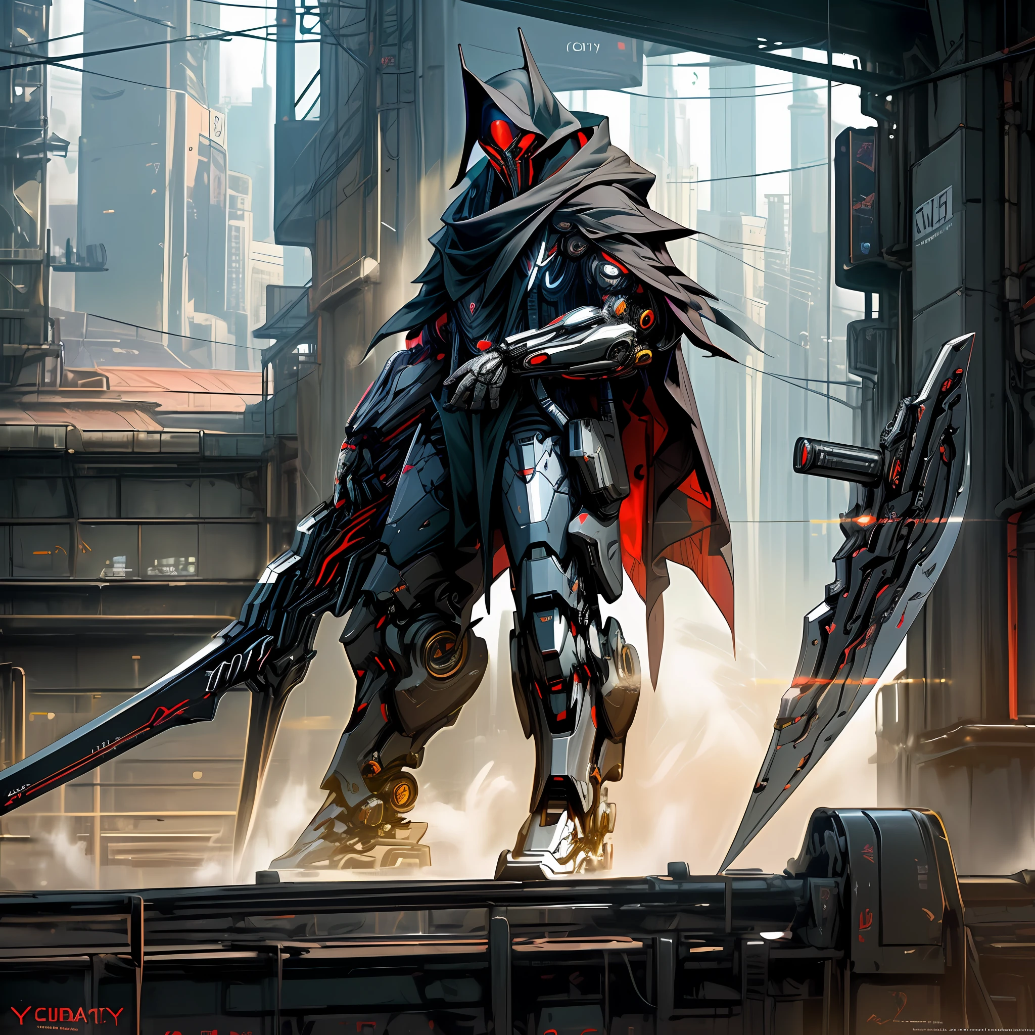Dark_Fantasy,Cyberpunk, (Best quality, Masterpiece),1man,Mechanical marvel,Robotic presence,Cybernetic guardian,wearing a cybernetic cloak,city, highest quality digital art, Stunning art, wallpaper 4k, highly detailed,full body,holding a scythe, reaper robot