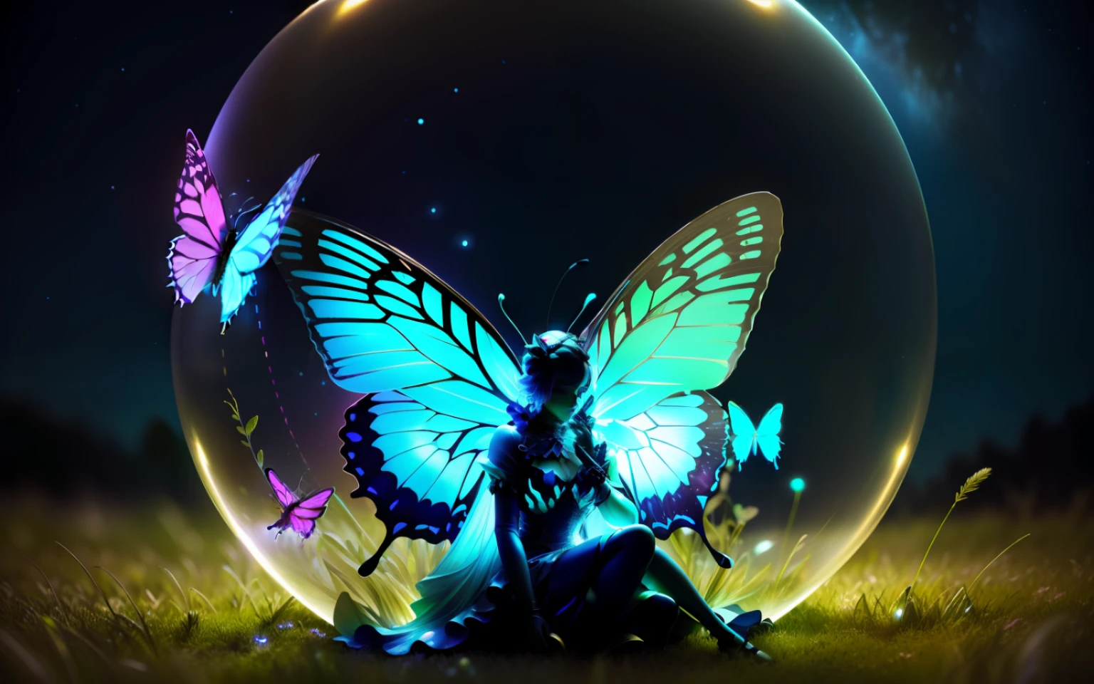 glowing butterfly sitting in  neon sphere on anthill, detailed, around grass and earth, statue, 8K, ultra details, photorealistic, Fujifilm X-T3, 1/60 sec at f/5.6 ISO 160, 18-55mm at 35mm in 3D