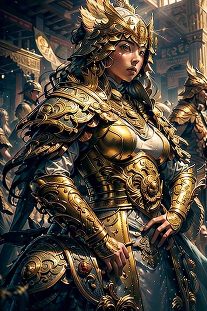 ((masterpiece))), (((best quality))), ((ultra-detailed)), (hyperrealistic), (highly detailed CG illustration), cinematic light, photorealistic ,extremely beautiful young lady, light makeup, big breast,  intricate golden eaba, golden care cape, spear, golden hour