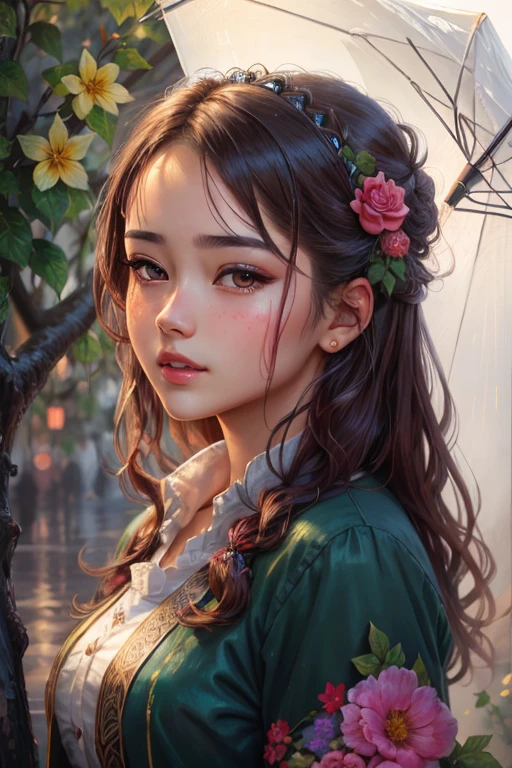 wonderful girl, japanes face, japanes girl,sharp nose, rose crown,caucasian, 20 years old,beautiful look, detailed dress, detailed hair, ultra focus, face ilumined, face detailed, 8k resolution, painted, , oil painting, heavy strokes, paint dripping